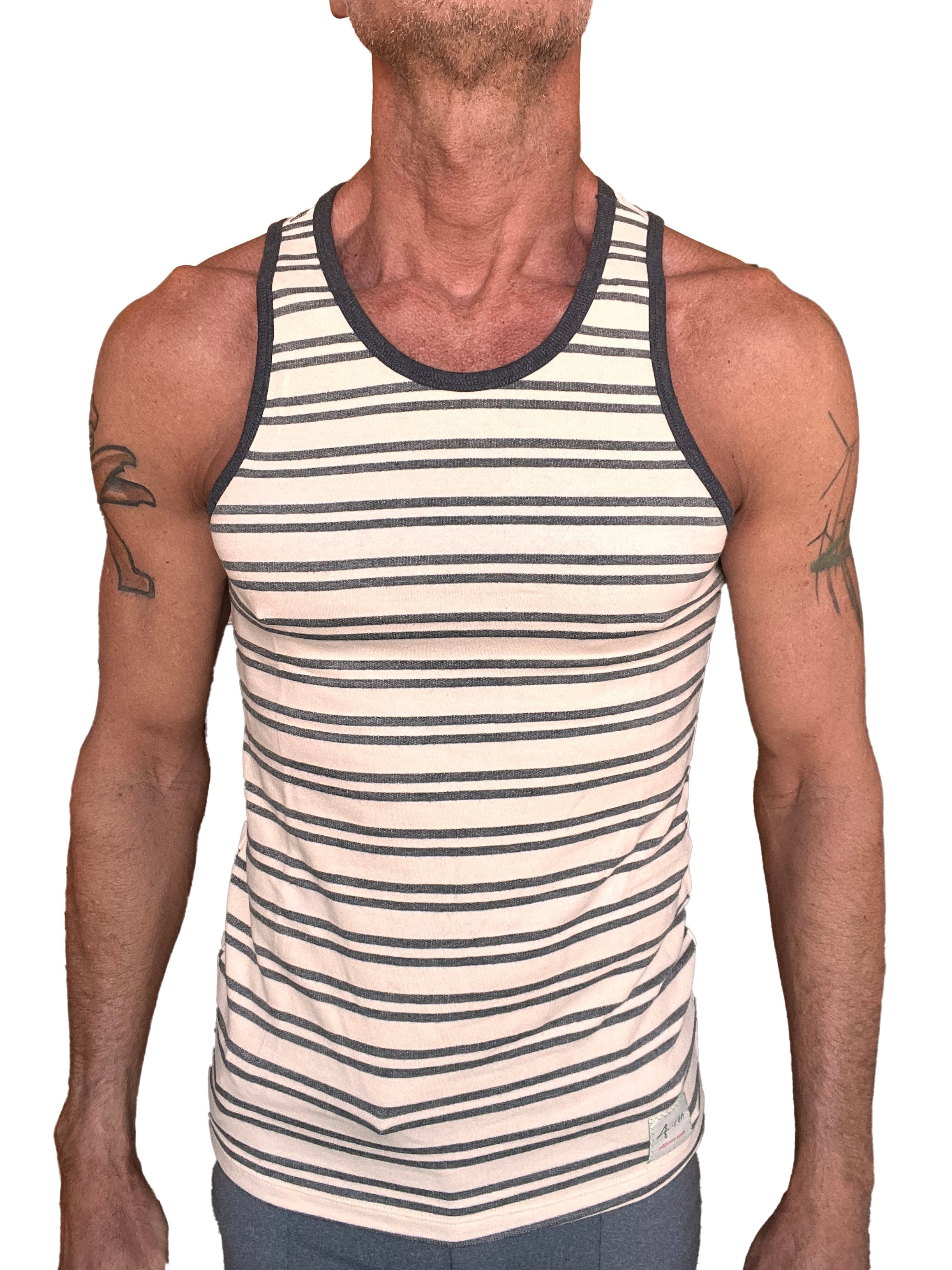 A men’s tank top with cream and dark gray horizontal stripes in nautical fleece with ribbed neckline and armholes