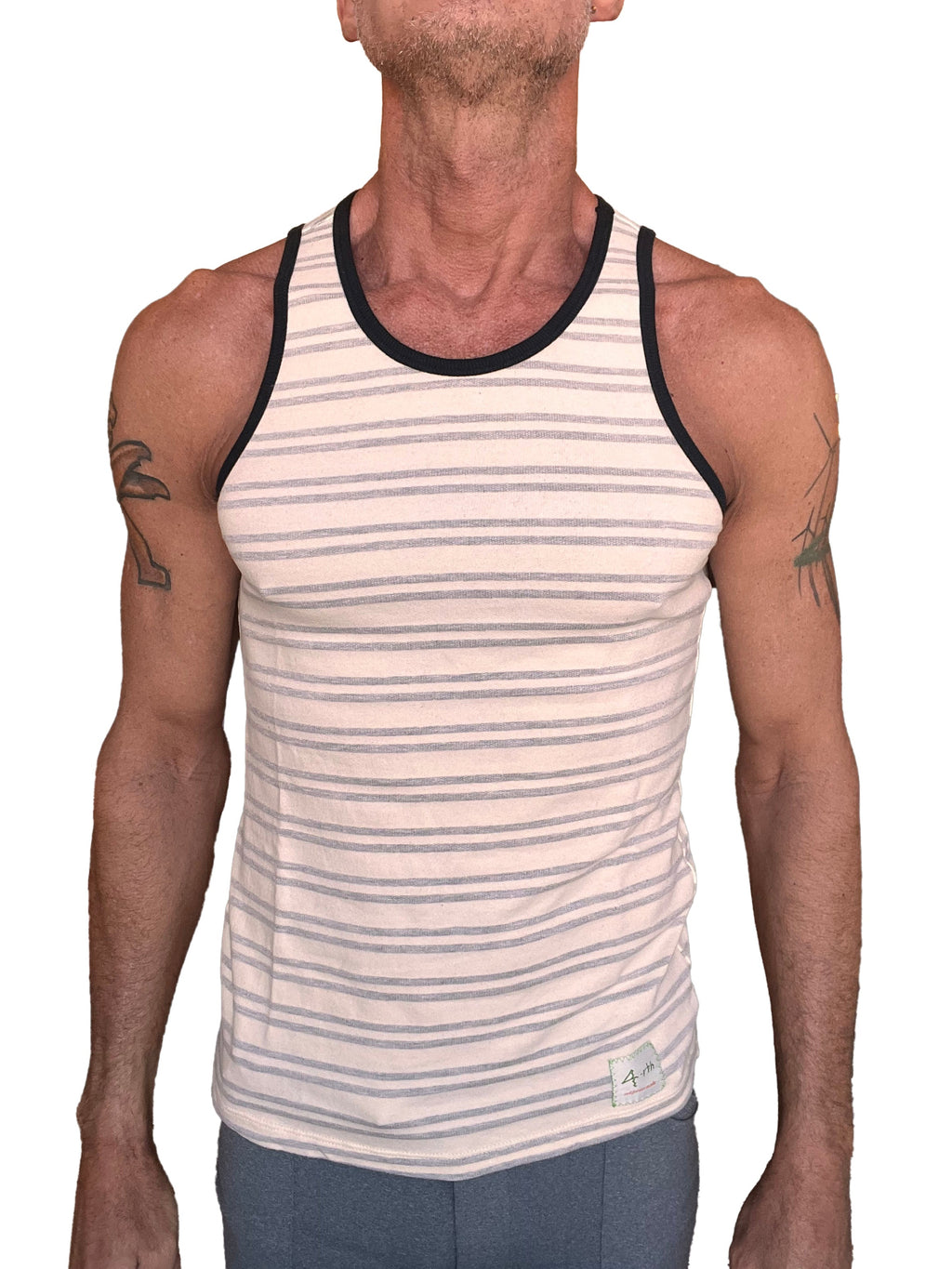 Yummy nautical fleece sustain tank top men’s striped cream and gray with black ribbed neckline and armholes