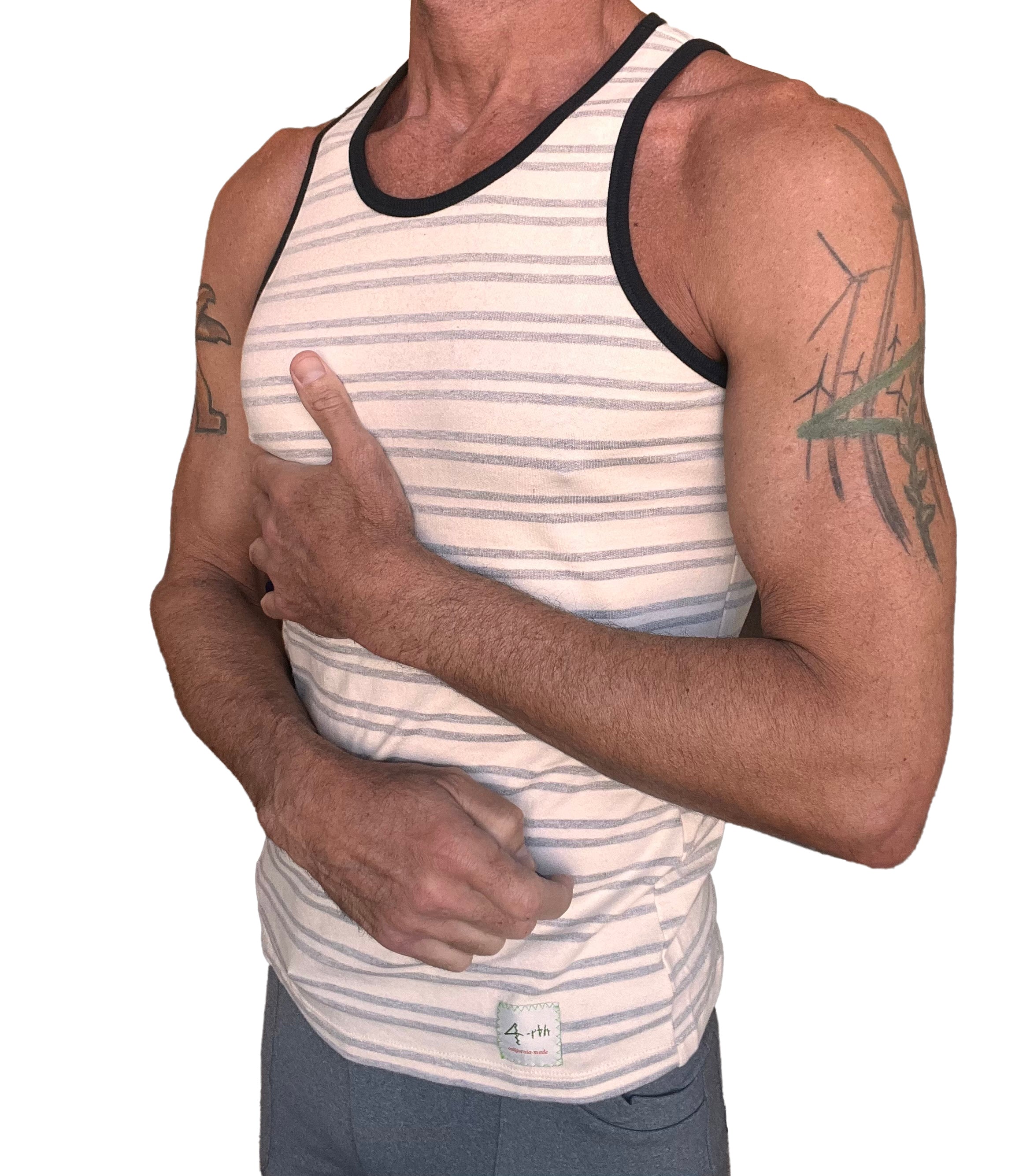 A men’s yummy nautical fleece sustain tank top with light gray and off-white stripes and black trim