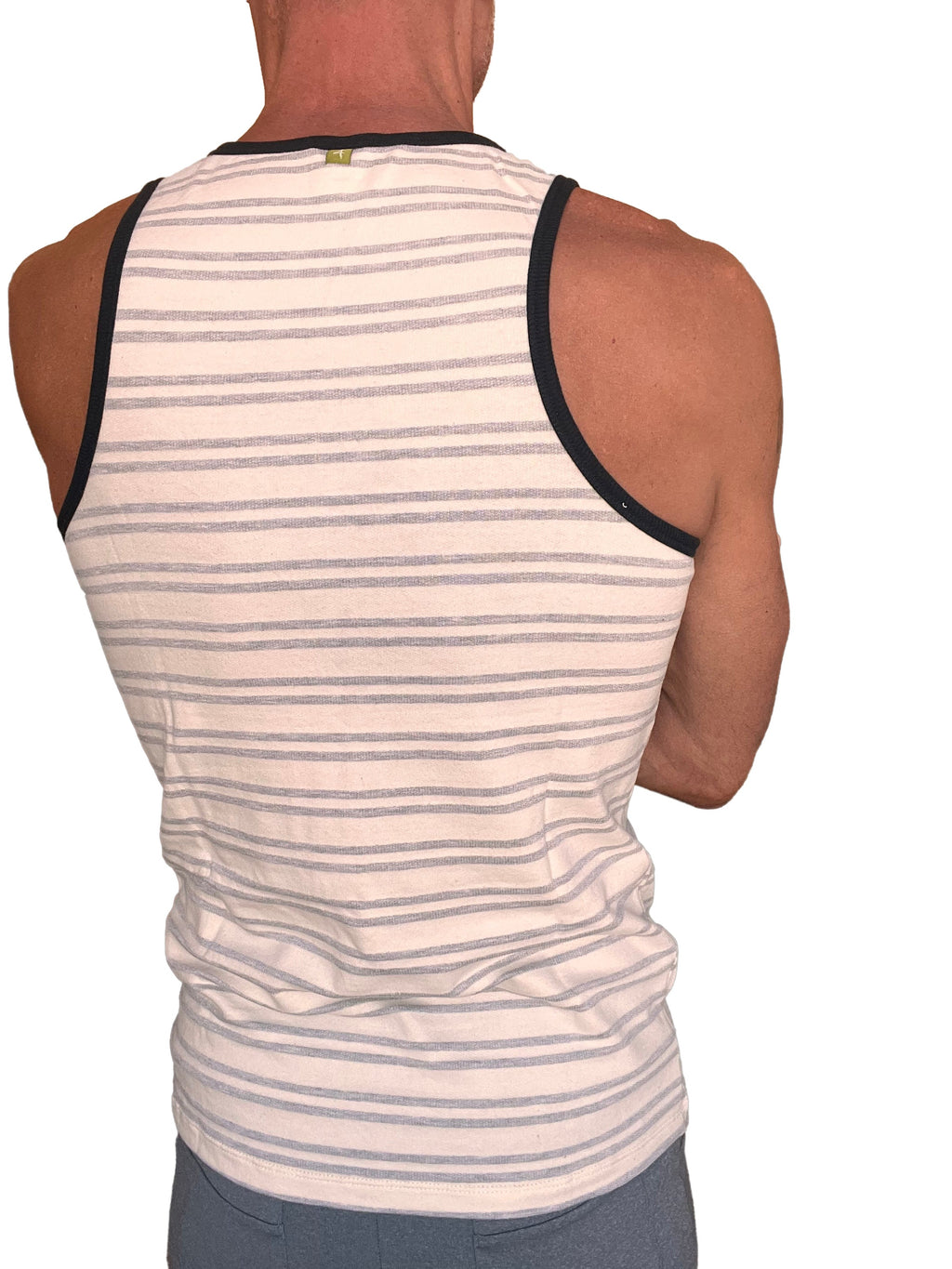 Men’s white and gray striped fleece tank top with black trim lightweight and comfortable for casual wear