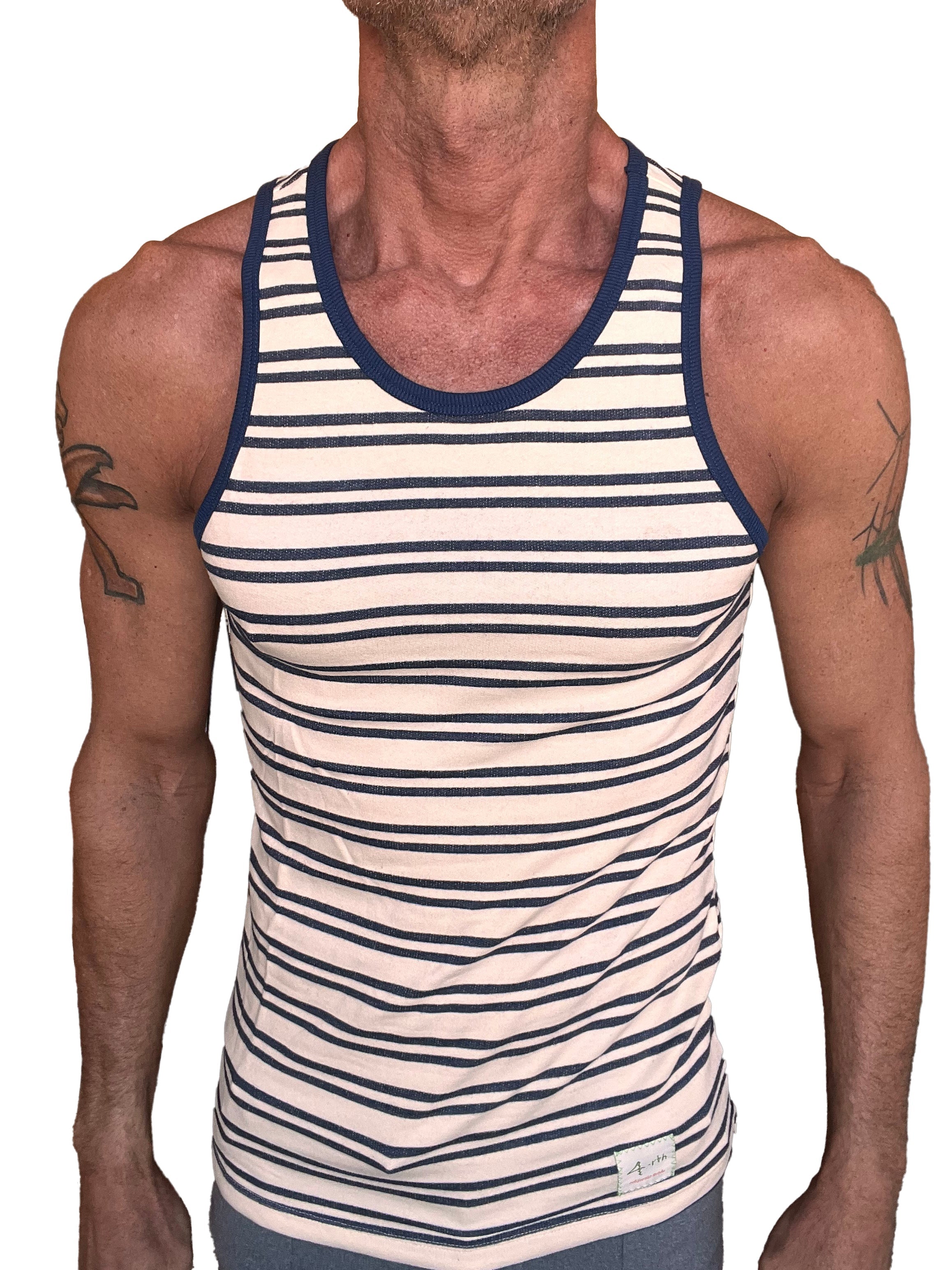Yummy nautical fleece sustain tank top in navy and off-white stripes with ribbed neckline for casual wear