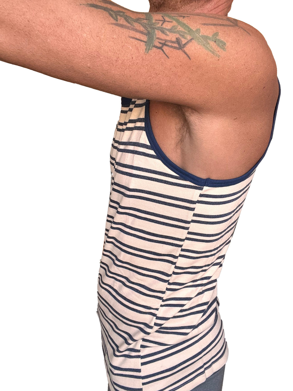 Yummy nautical fleece sustain tank top in navy and off-white stripes with ribbed neckline for casual wear