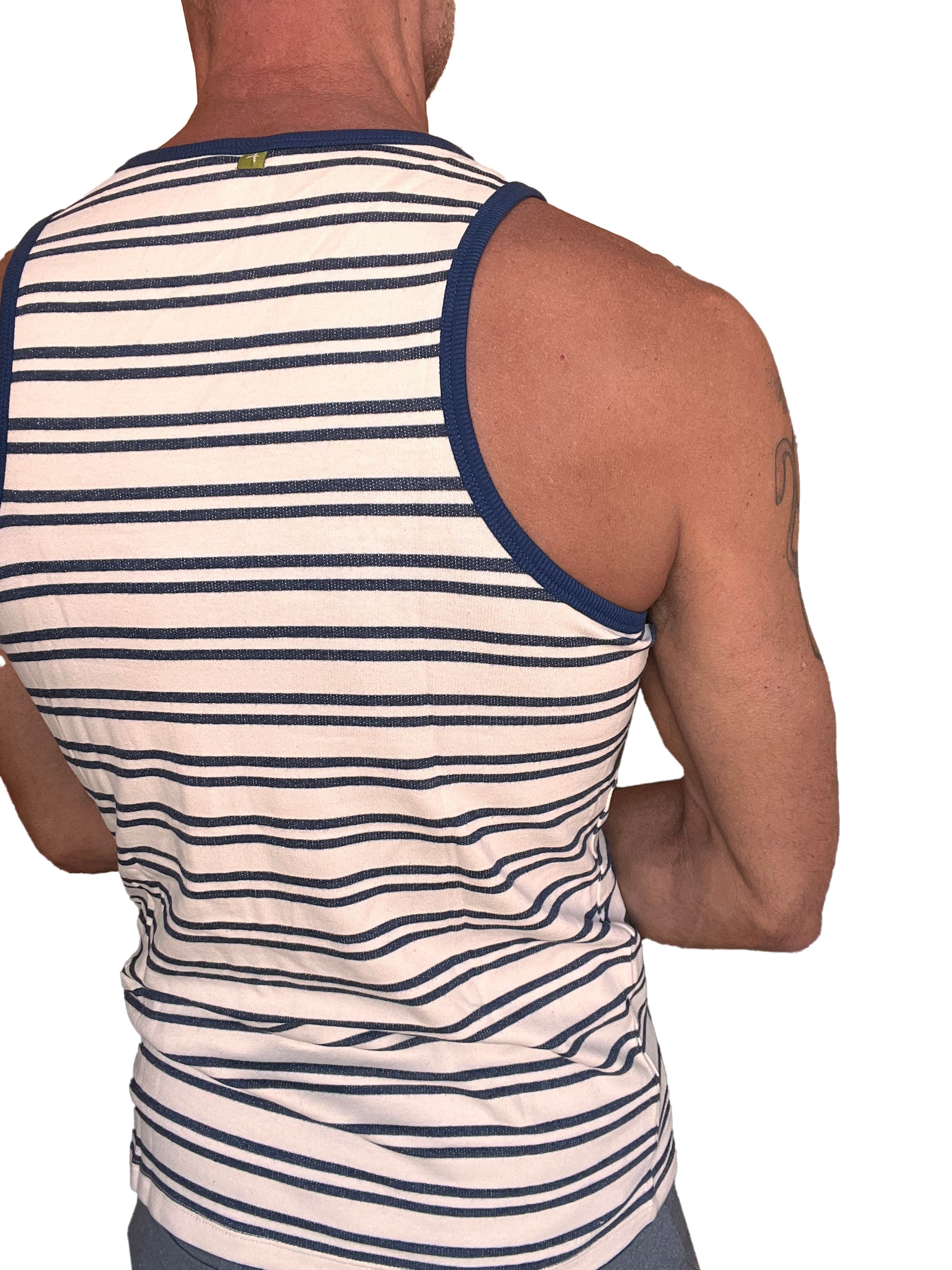 A navy and off-white striped navy stripe yummy nautical fleece sustain tank top with ribbed blue trim