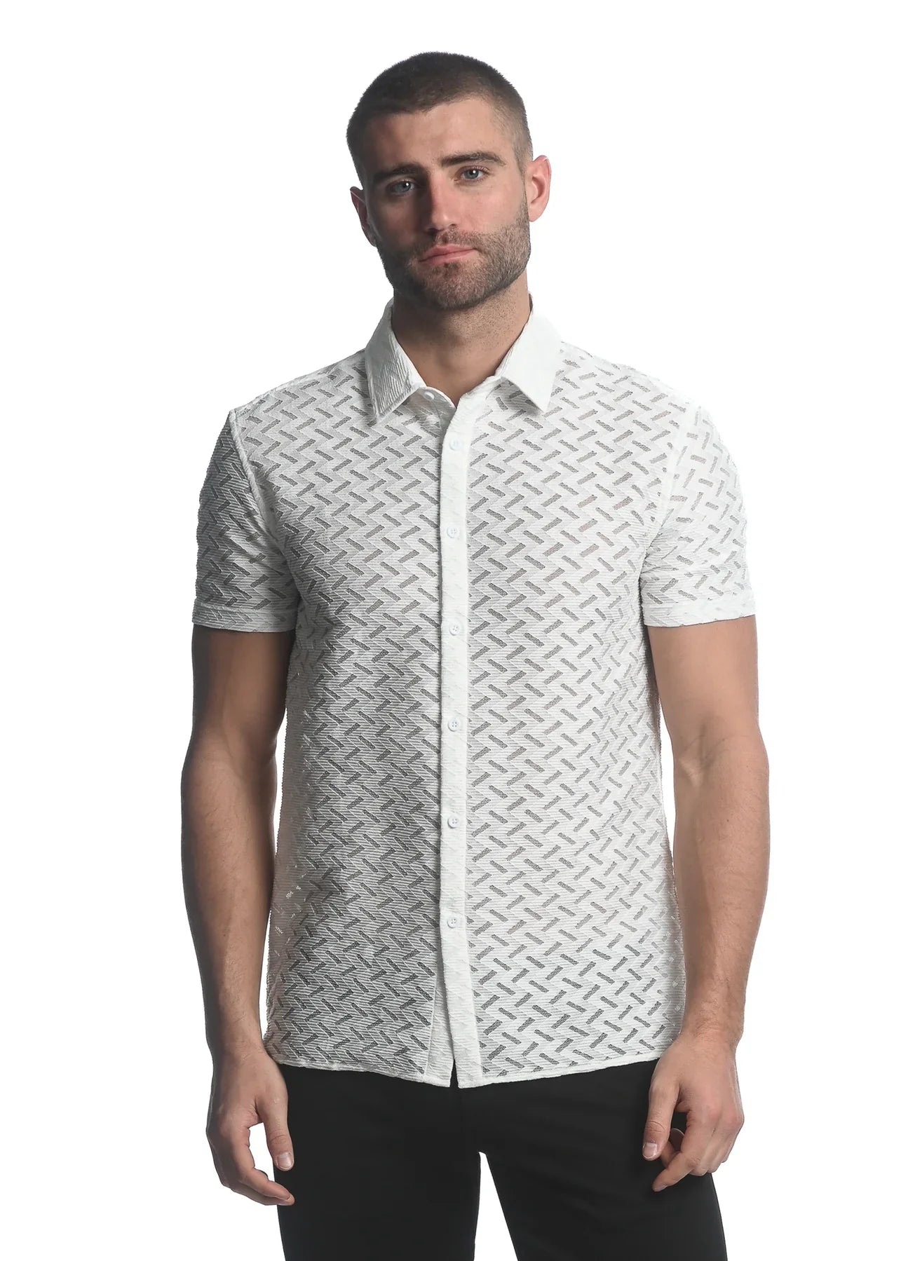 ZIGZAG CHEVERON STRETCH KNIT GOSSAMER S/S SHIRT - DealByEthan.gay loves ST33LE