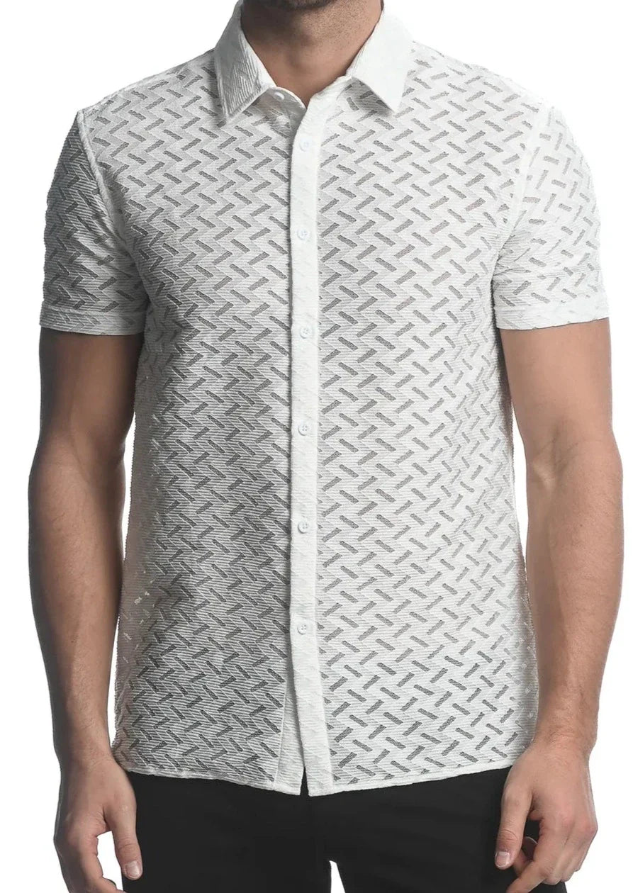 ZIGZAG CHEVERON STRETCH KNIT GOSSAMER S/S SHIRT - DealByEthan.gay loves ST33LE