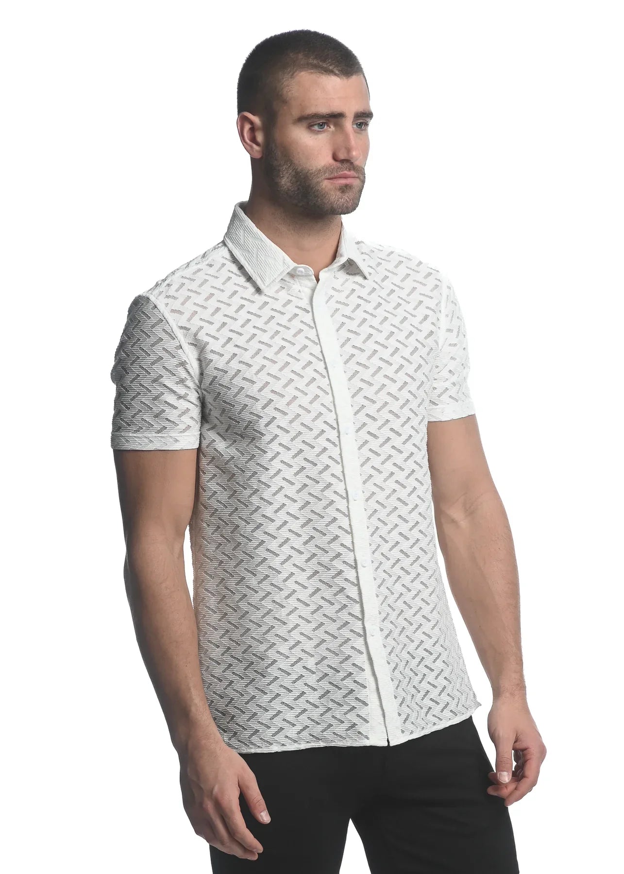 ZIGZAG CHEVERON STRETCH KNIT GOSSAMER S/S SHIRT - DealByEthan.gay loves ST33LE