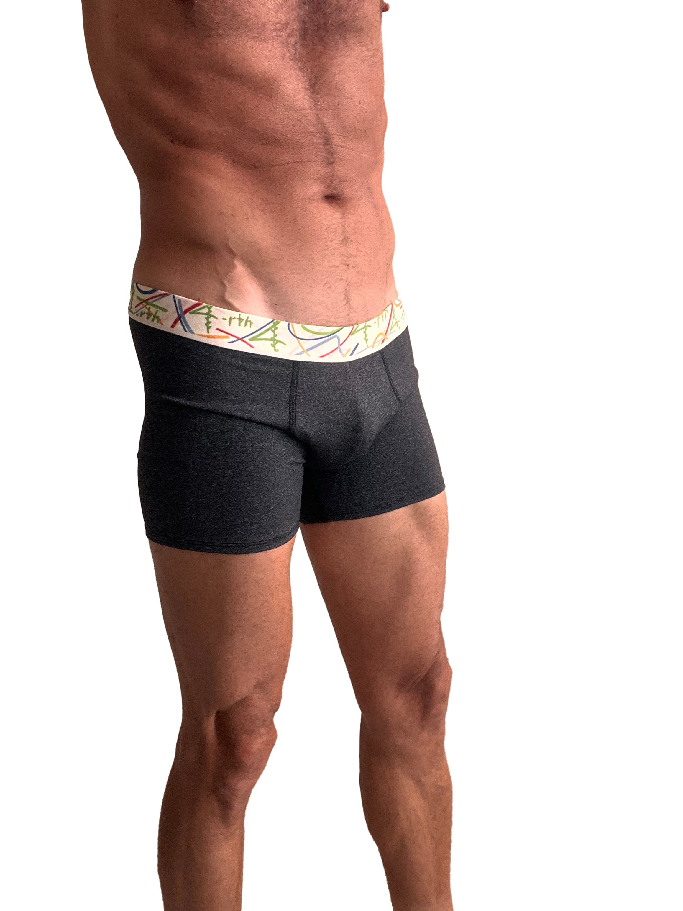Black zen boxer brief in charcoal grey with textured fabric and colorful waistband featuring abstract lines and earth text