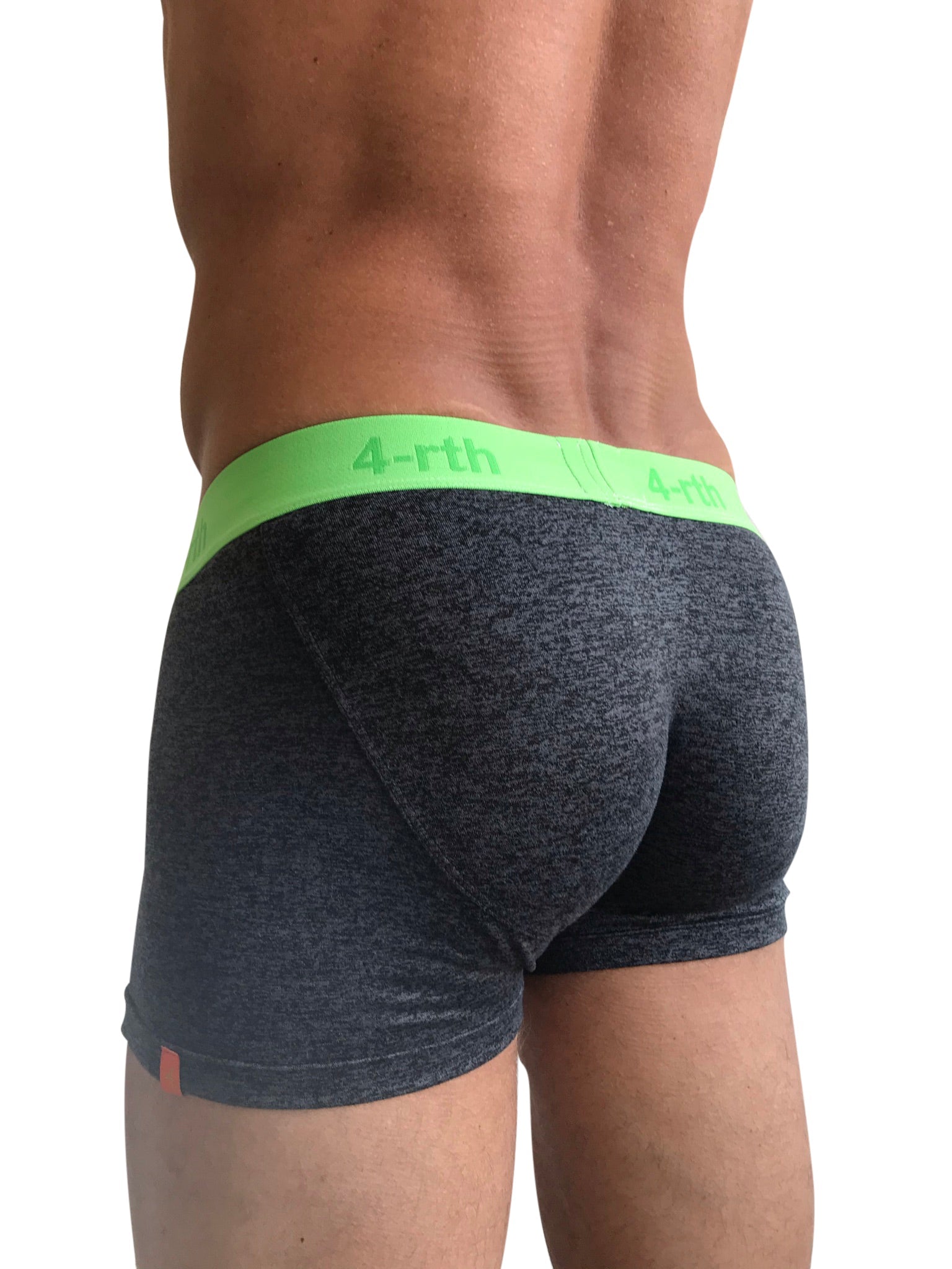 Dark gray heathered zen boxer briefs with neon green 4-rth waistband for comfortable everyday wear