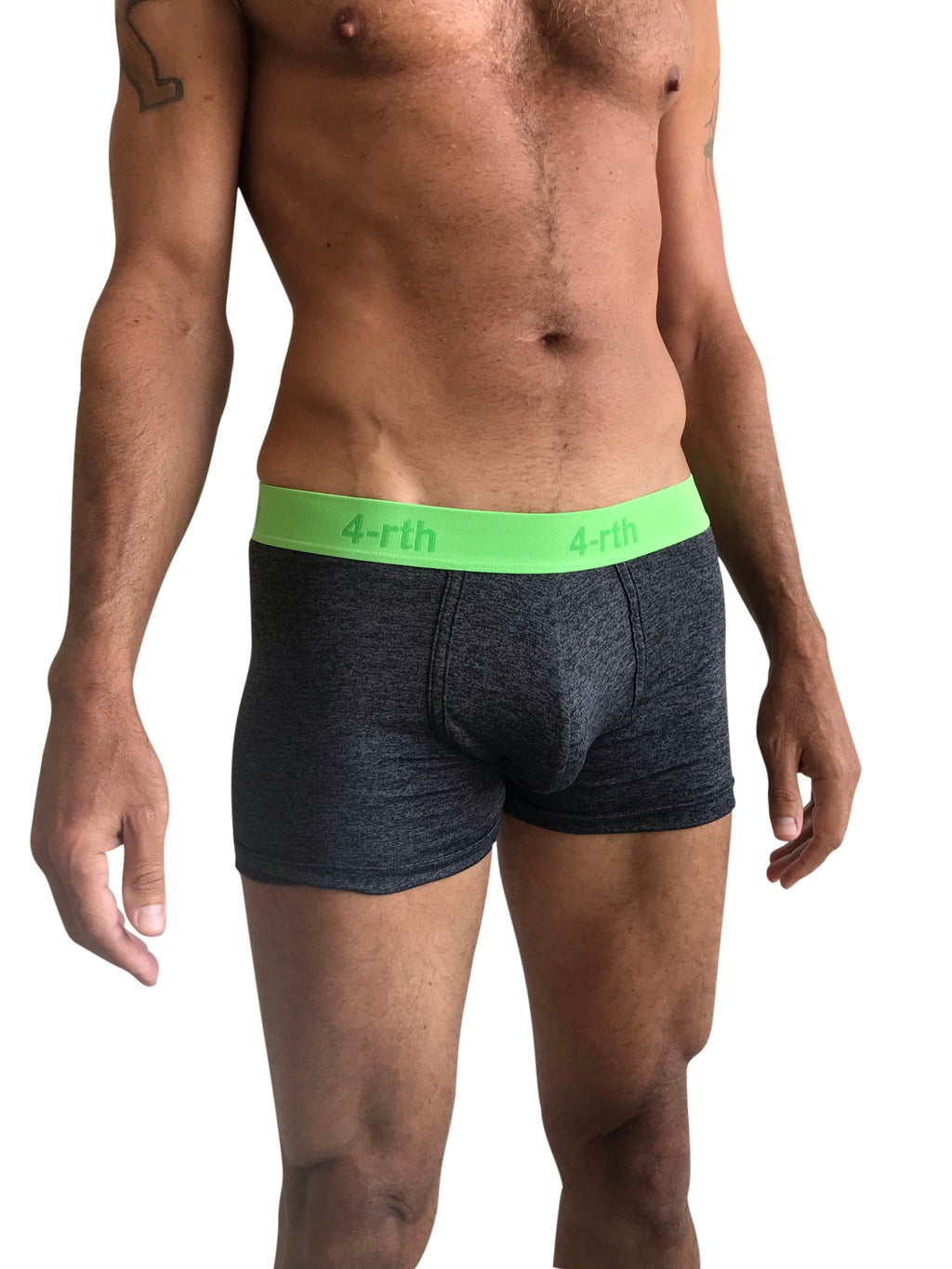Dark gray heathered zen boxer brief with neon green waistband featuring 4-rth logo for comfortable support