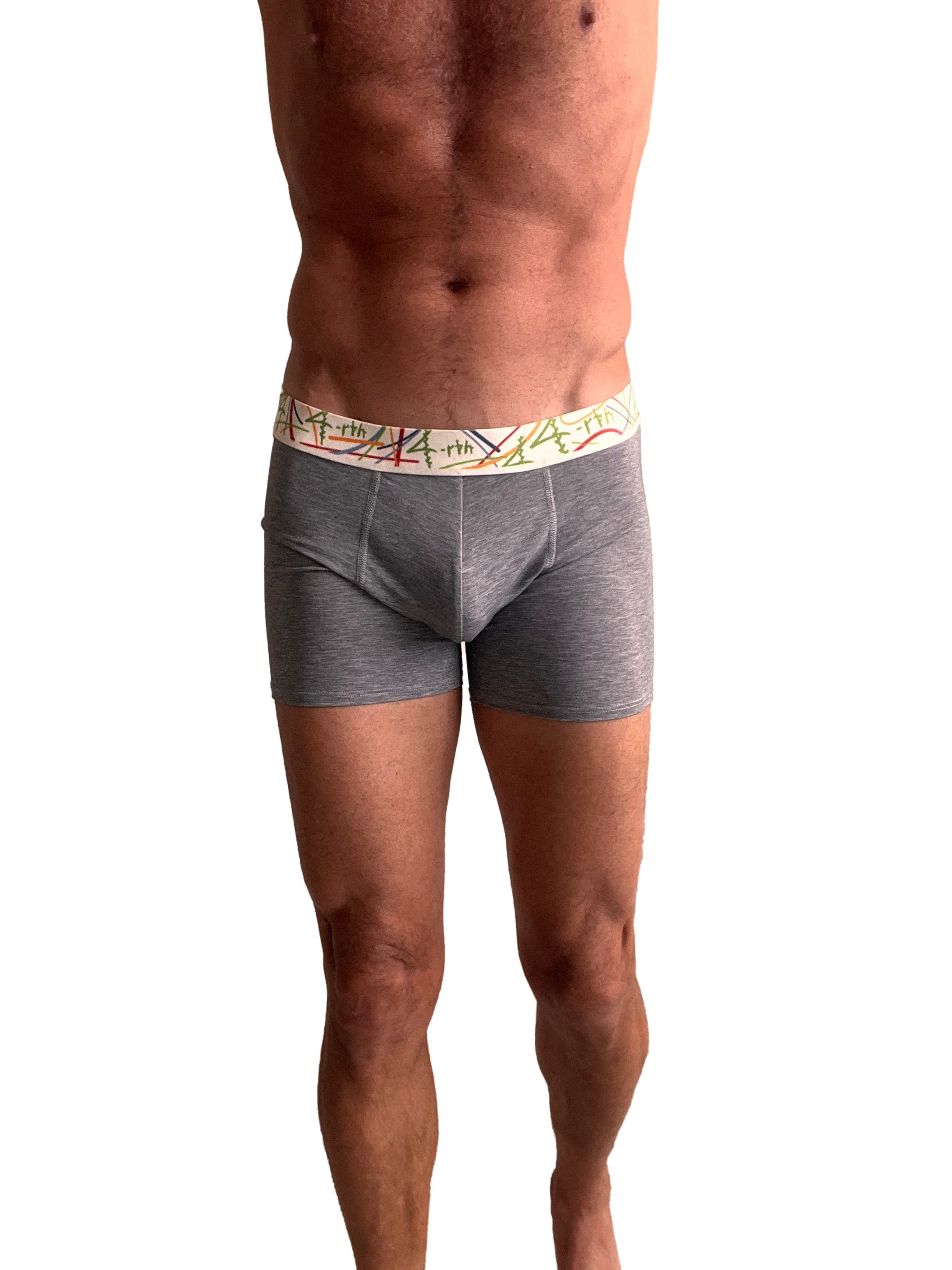 Gray heathered Zen boxer briefs with a colorful patterned waistband in charcoal grey stripe design