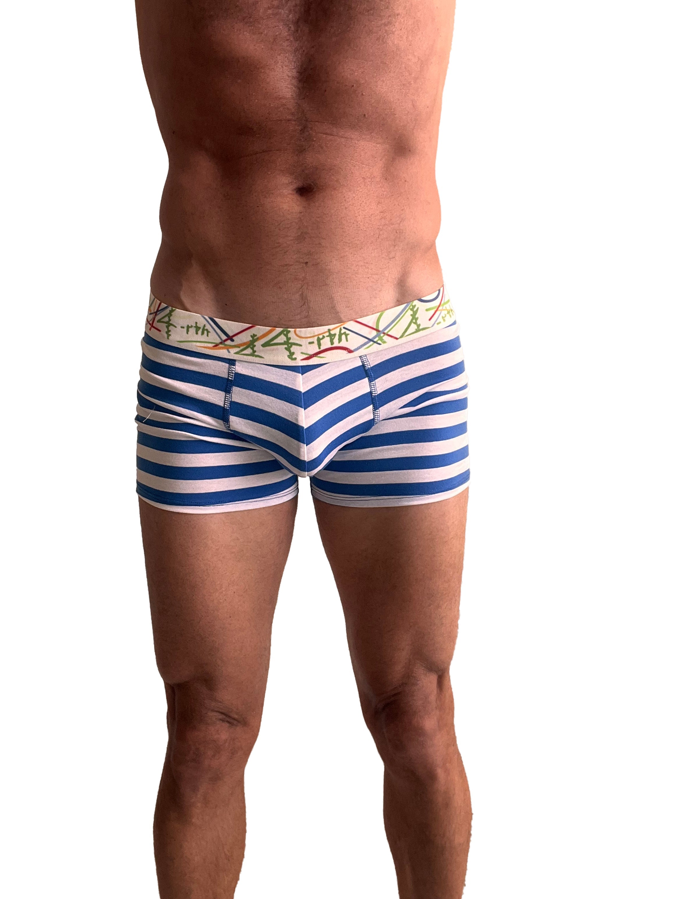 Zen boxer brief nautical blue stripe featuring blue and white stripes with a colorful decorative elastic waistband