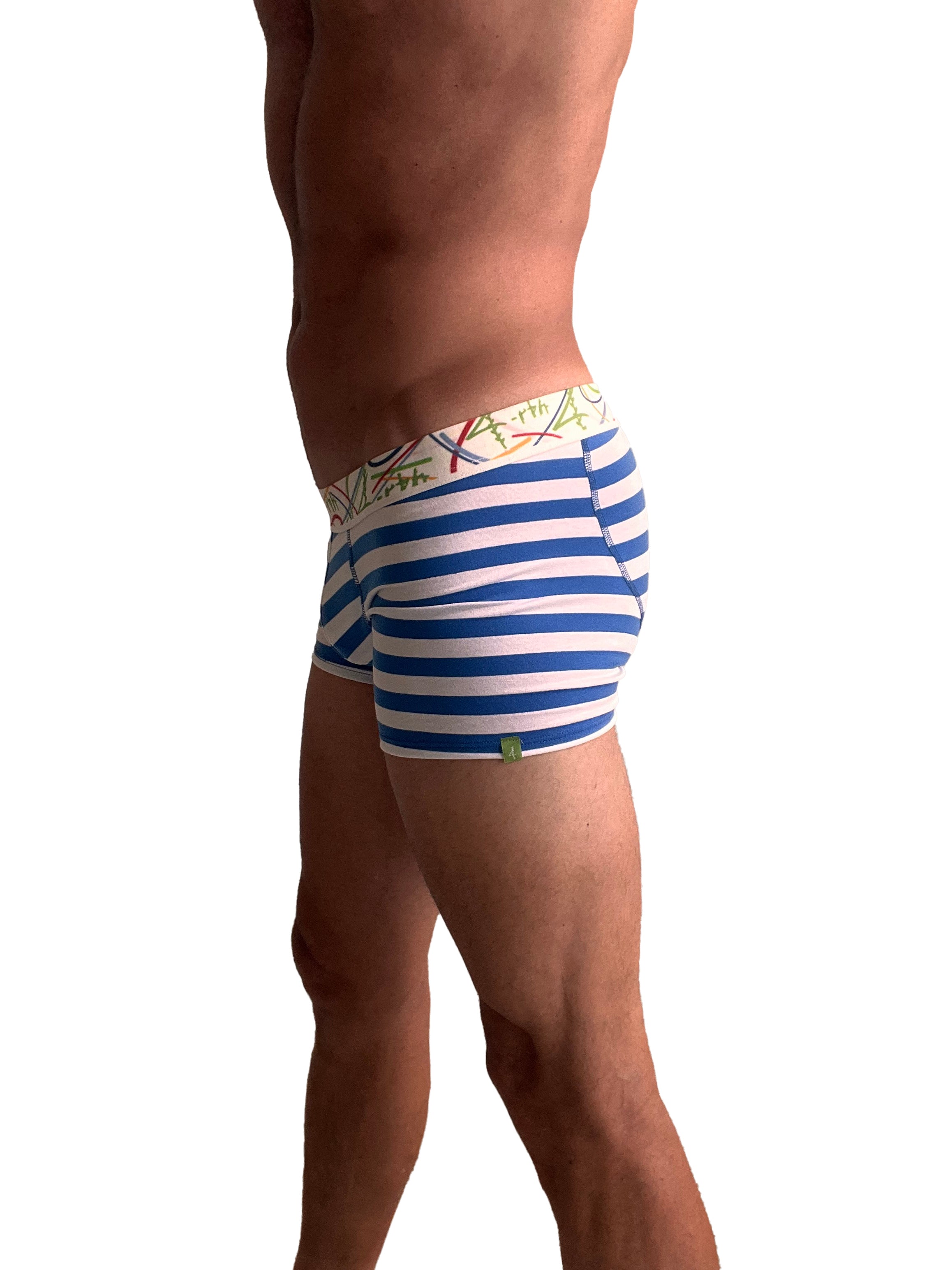 Blue and white striped men’s boxer briefs with colorful doodle waistband in nautical blue stripe zen boxer brief style
