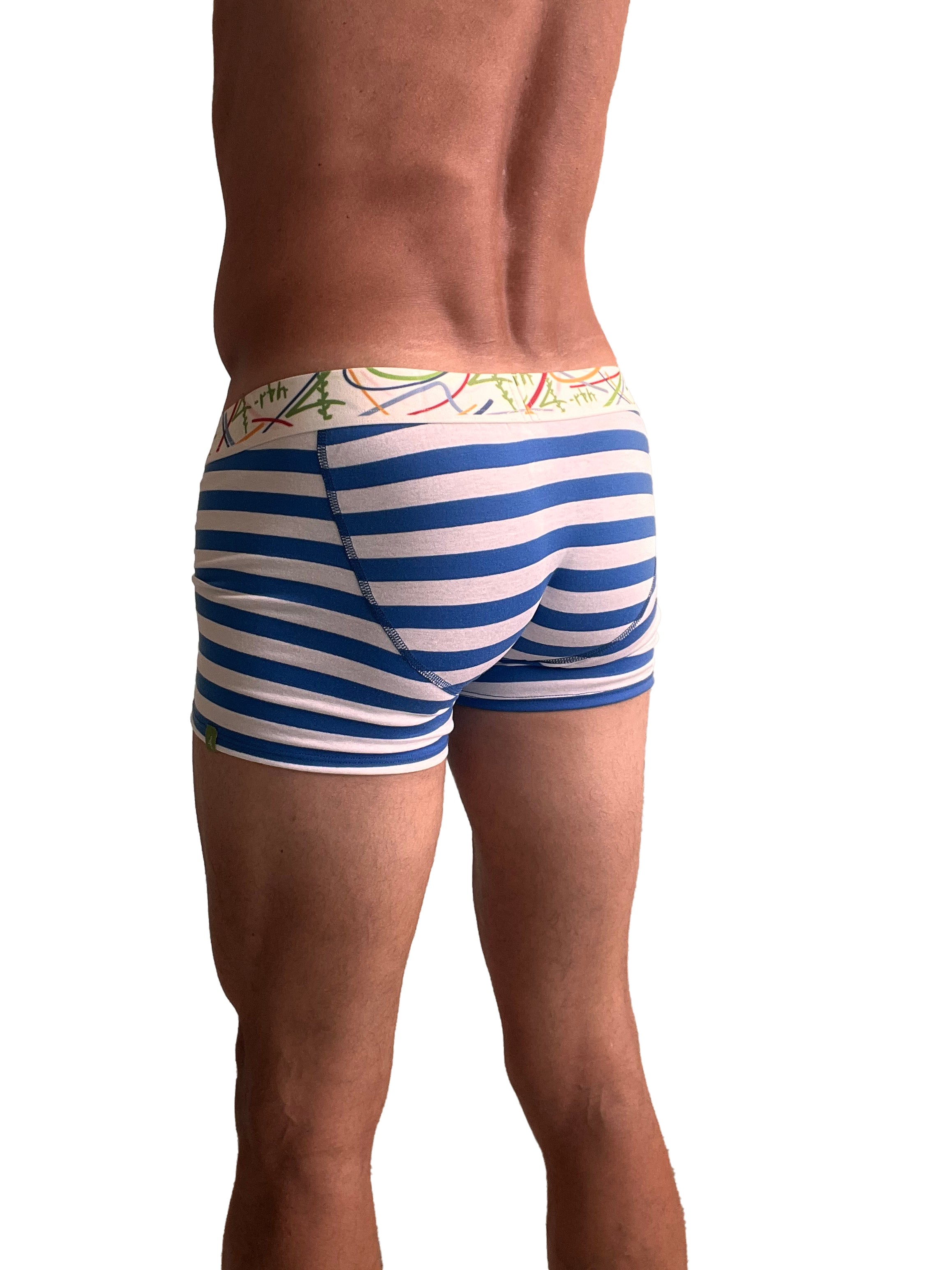Men’s zen boxer brief in nautical blue stripe with blue and white stripes and colorful abstract waistband design