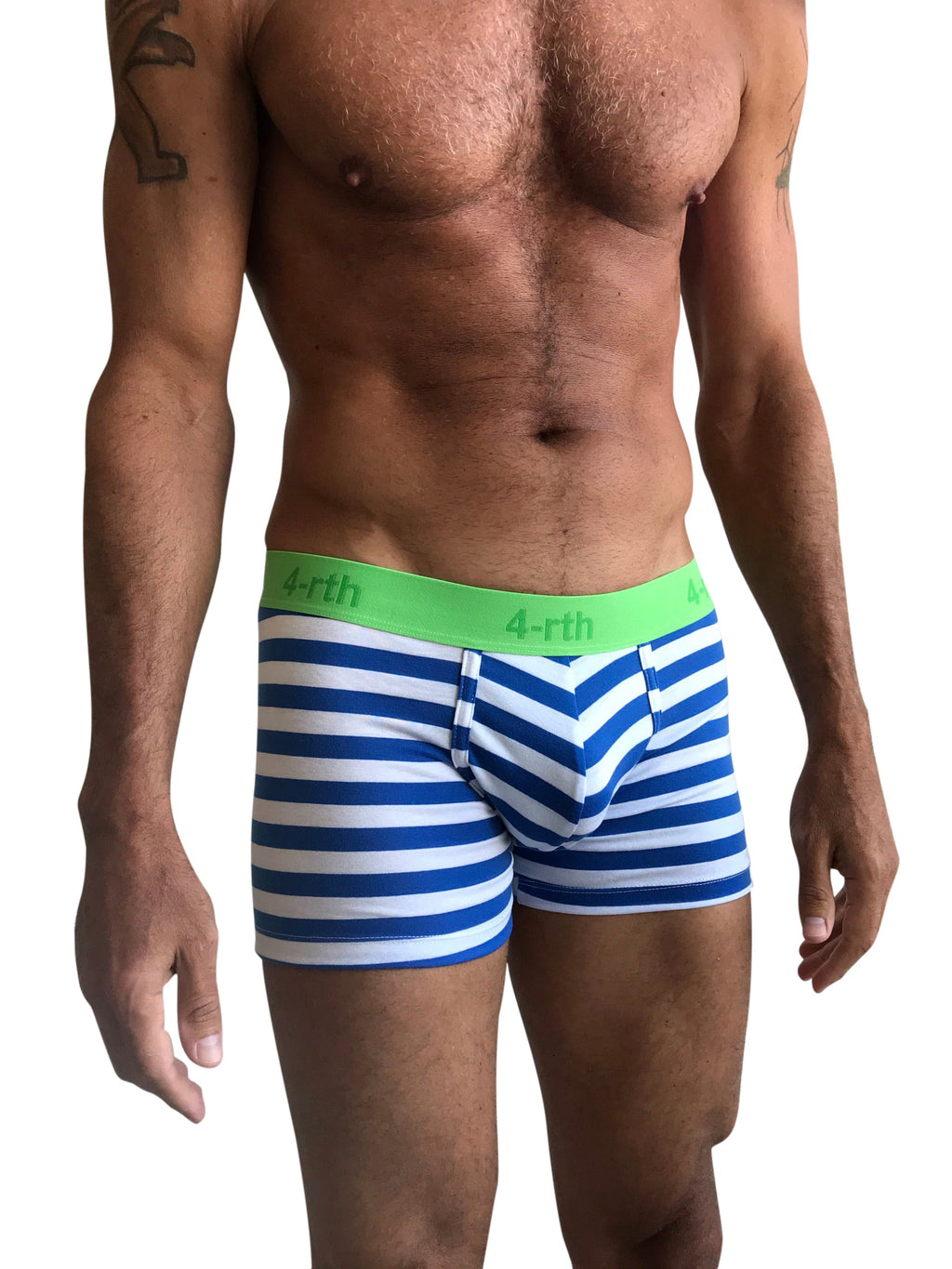 Blue and white striped zen boxer briefs with bright green 4-rth waistband featuring nautical blue stripe design