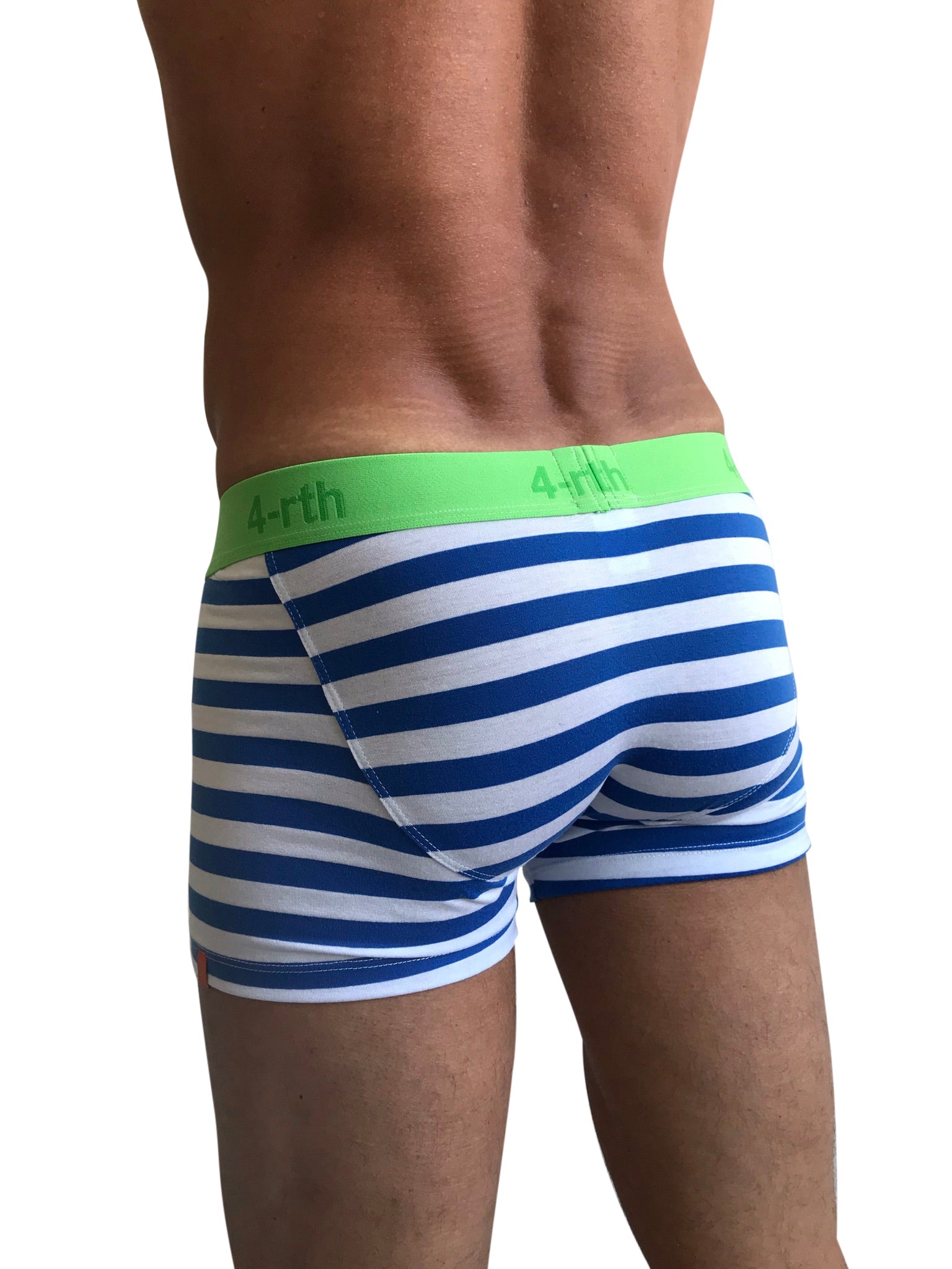 Blue and white striped zen boxer briefs with bright green 4-rth logo waistband in nautical blue stripe design