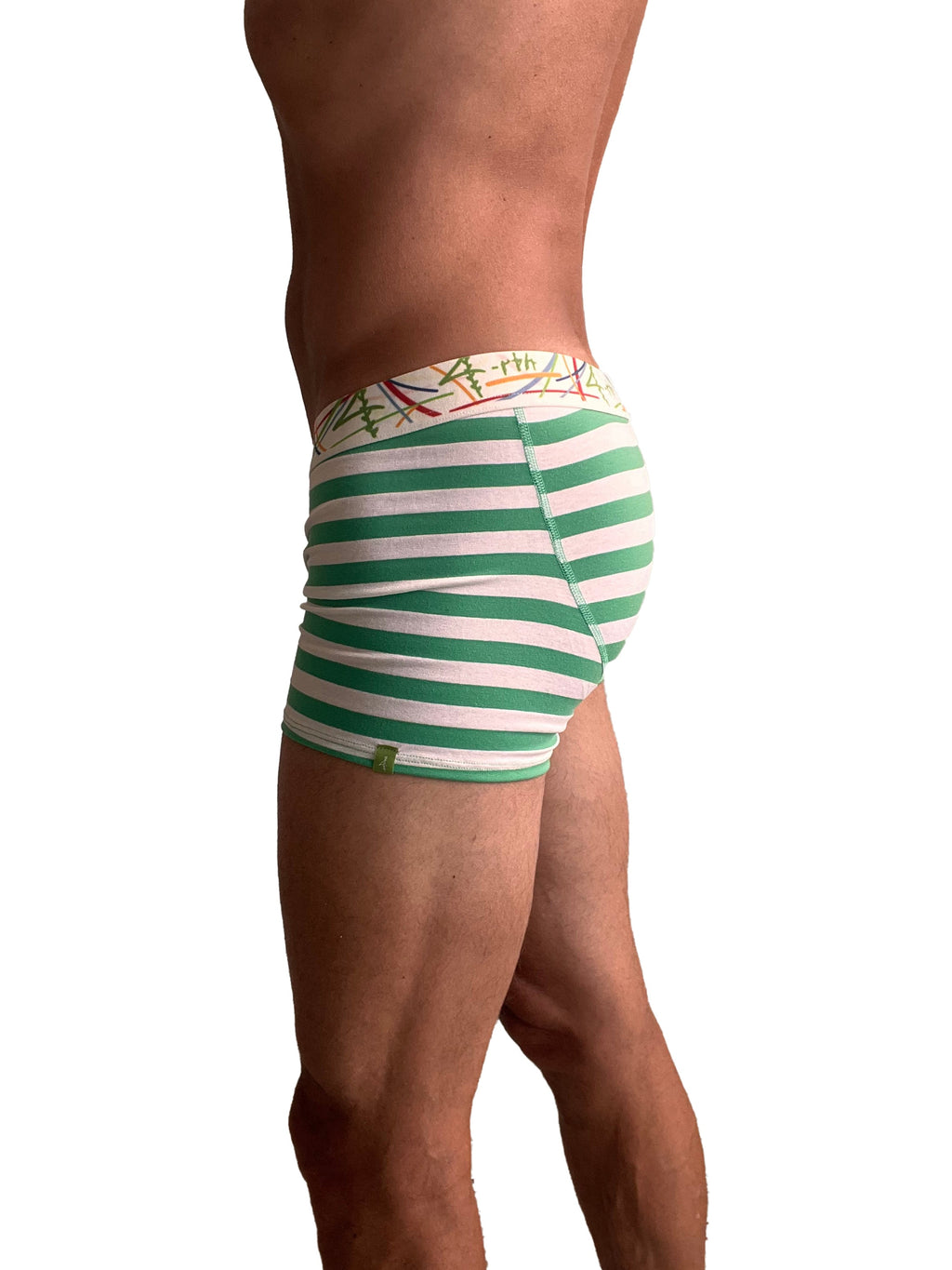 Green and white striped men’s boxer briefs with colorful abstract waistband in nautical green stripe design