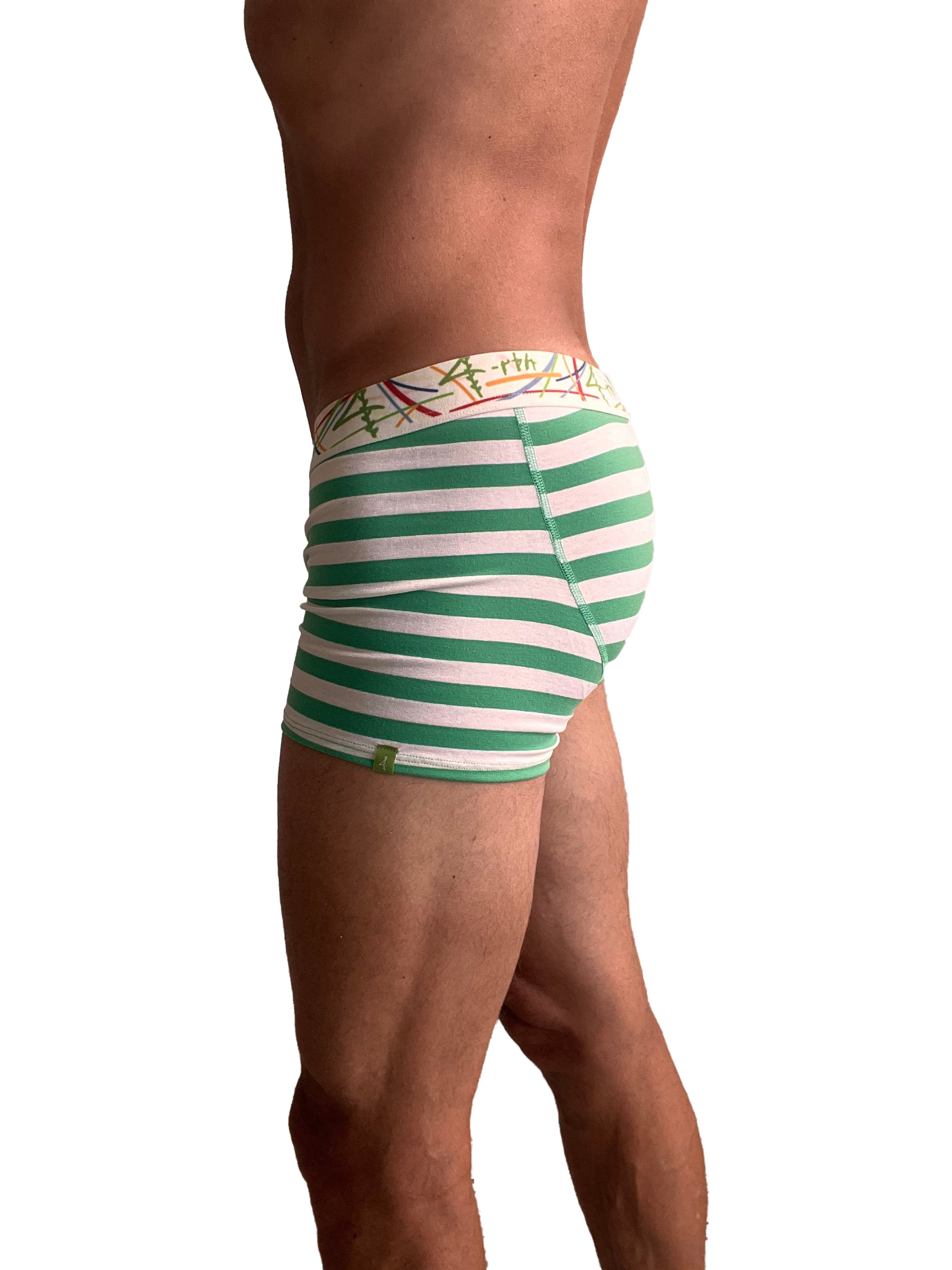 Green and white striped men’s boxer briefs with colorful abstract waistband in nautical green stripe design