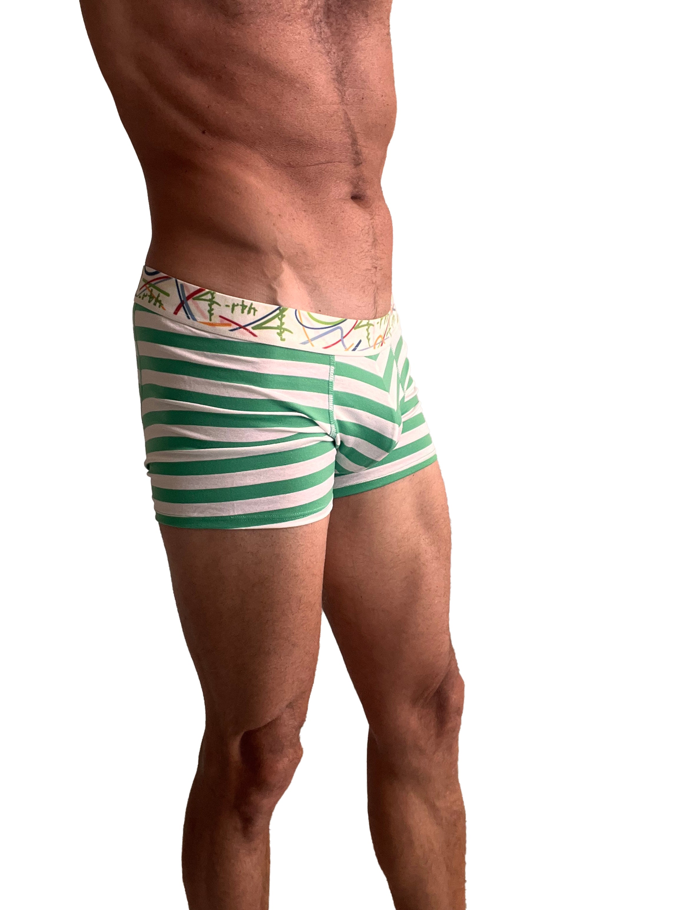 Zen boxer brief nautical green stripe men’s green and white striped boxer briefs with colorful abstract waistband