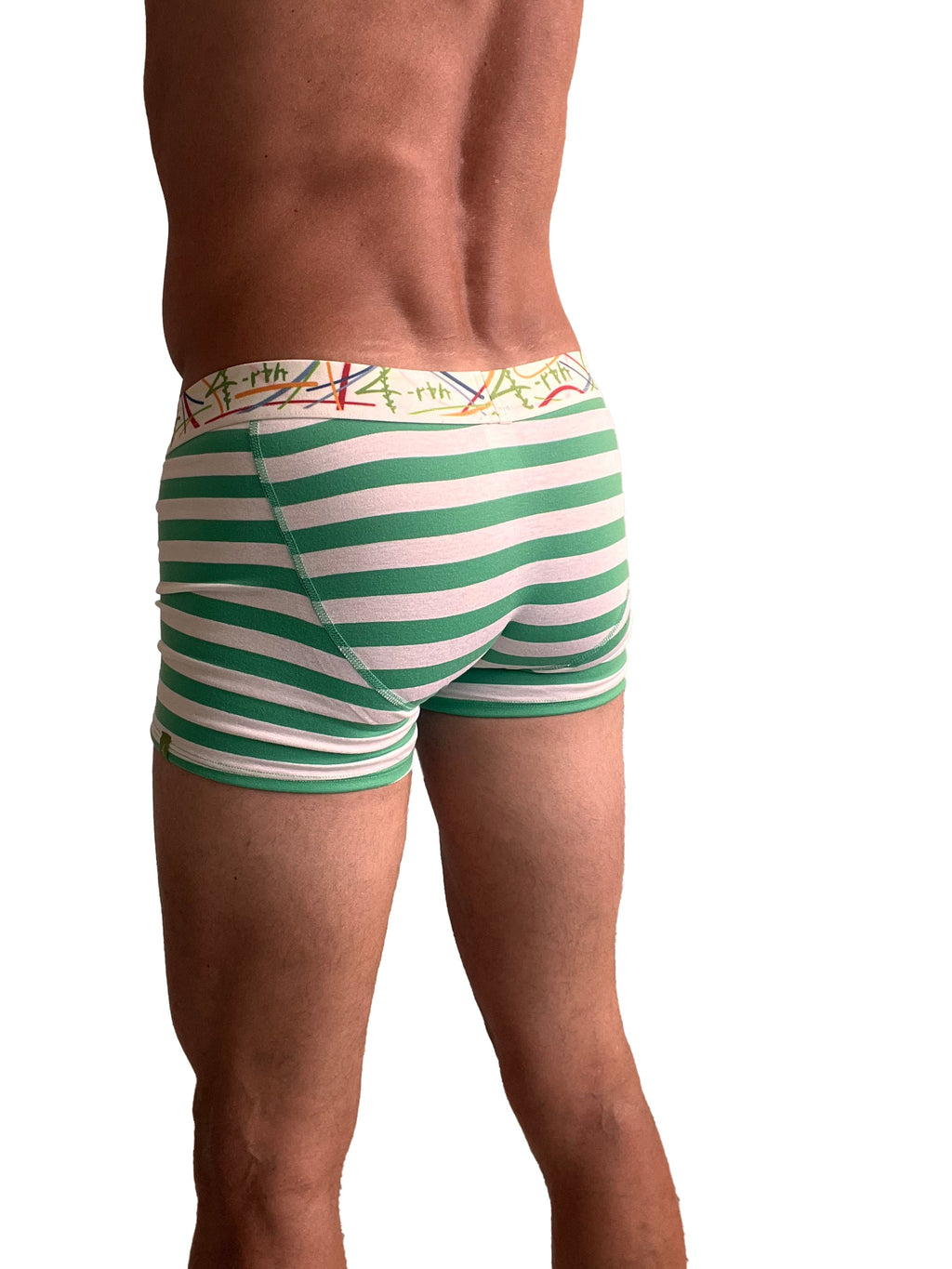 Zen boxer brief nautical green stripe featuring green and white stripes with a colorful patterned waistband