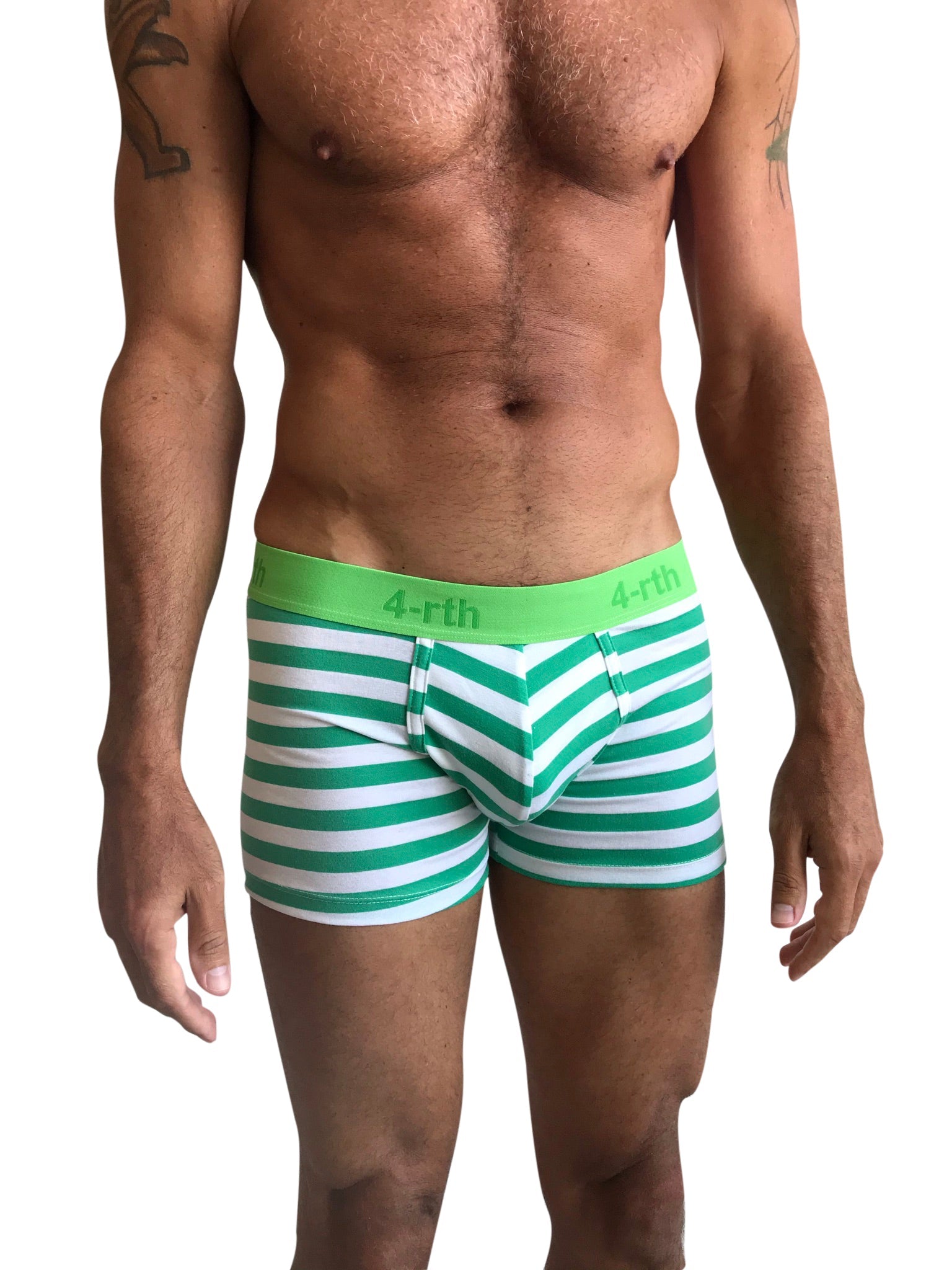 Green and white striped zen boxer briefs with bright green waistband featuring 4-rth brand name in nautical green stripe