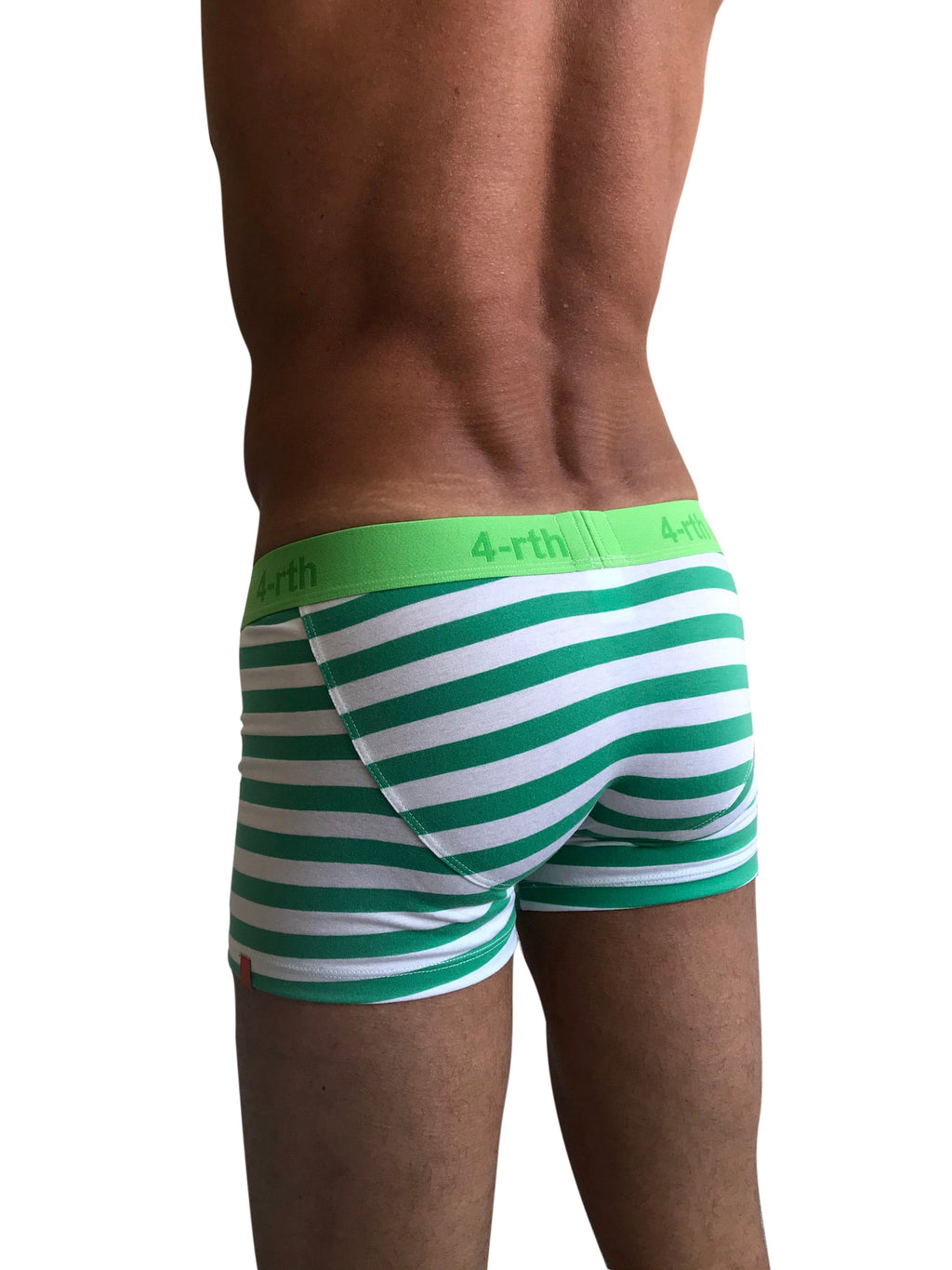 Green and white striped zen boxer brief with bright green elastic waistband featuring 4-rth brand logo