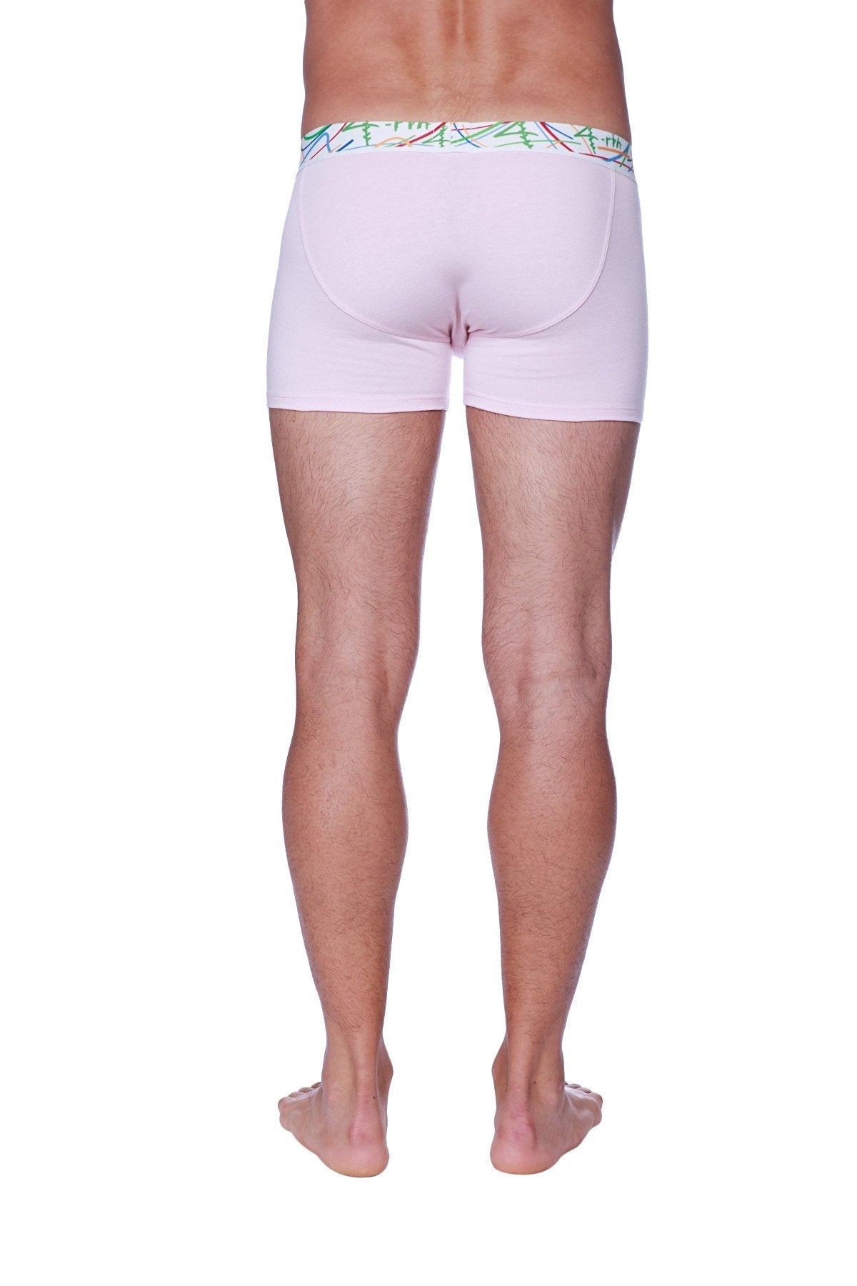 Pink zen boxer brief with solid pink fabric and a colorful abstract patterned waistband for everyday comfort