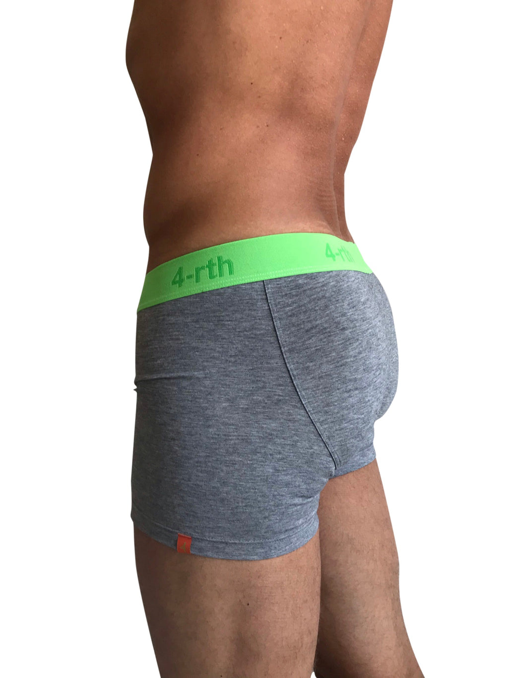 Gray heathered zen boxer brief with neon green 4-rth waistband made for comfort and support