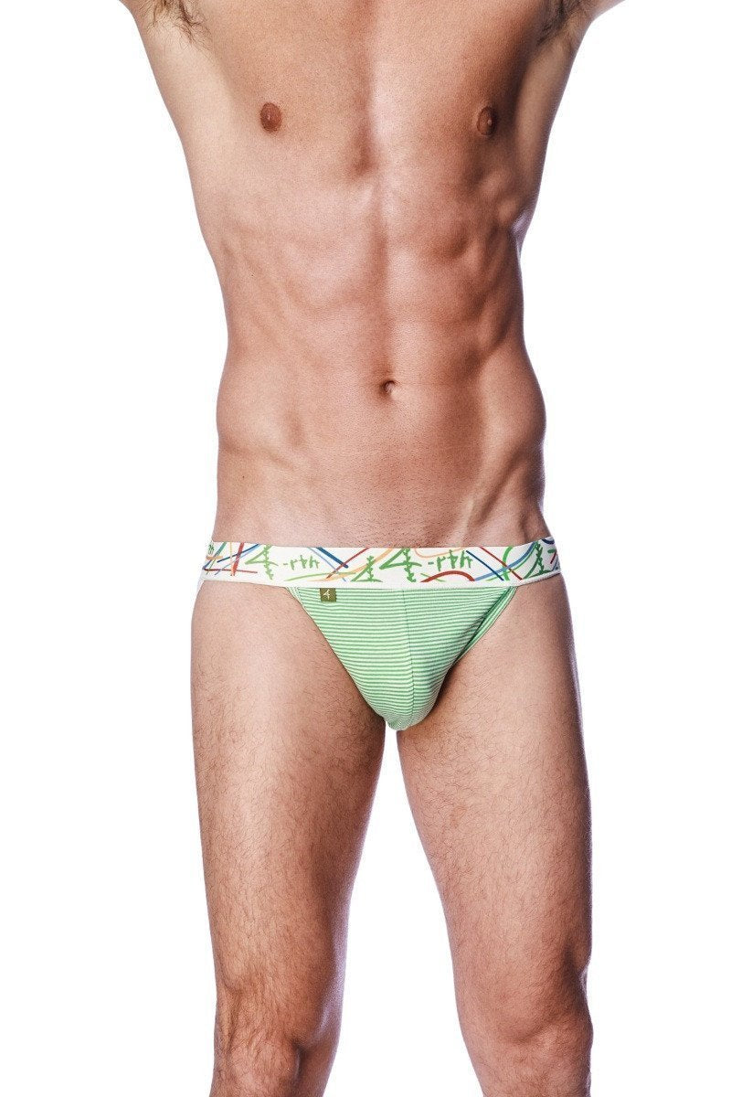 Men’s green and white striped zen jock strap briefs with a colorful 14th patterned waistband front view