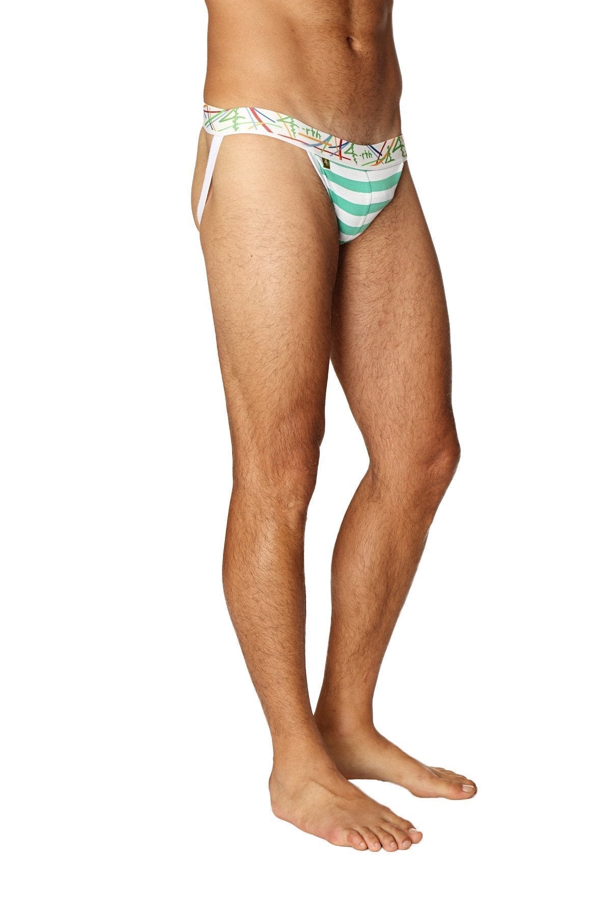 Green and white striped men’s briefs with a colorful patterned waistband from the zen jock strap nautical green stripe collection