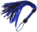 Strict Leather suede flogger with alternating black and blue leather strips, braided handle, and a wrist loop.