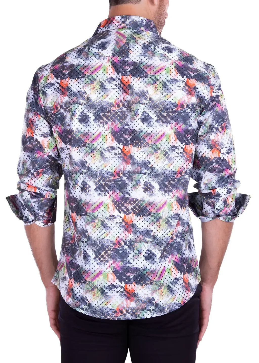 A man wearing an abstract brushstroke long-sleeve shirt with a vibrant geometric pattern in gray black orange pink and white