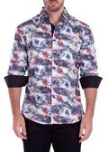Abstract brushstroke long-sleeved men’s button-up shirt with vibrant gray white orange pink green geometric pattern and black cuffs