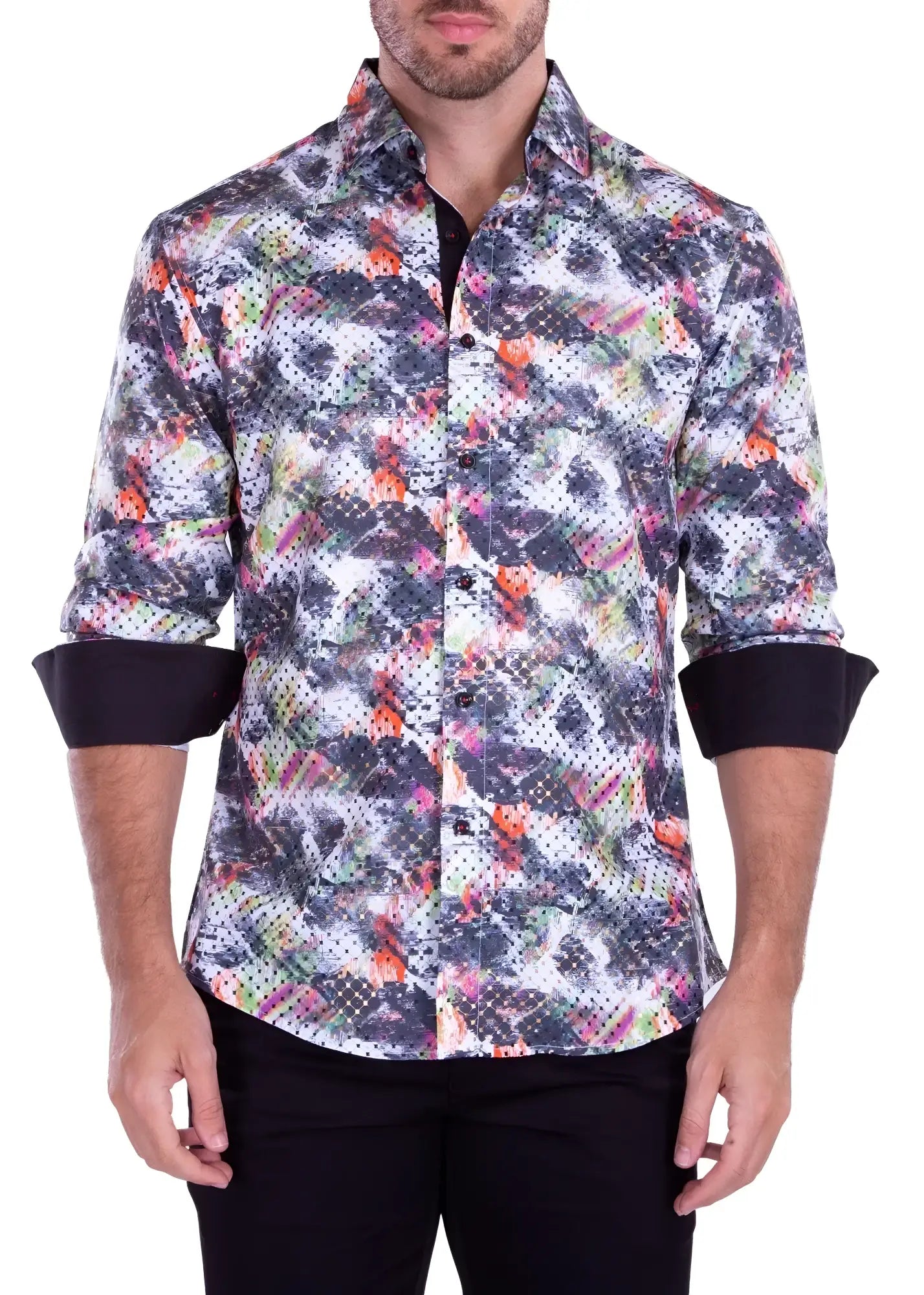 Abstract brushstroke long-sleeved men’s button-up shirt with vibrant gray white orange pink green geometric pattern and black cuffs