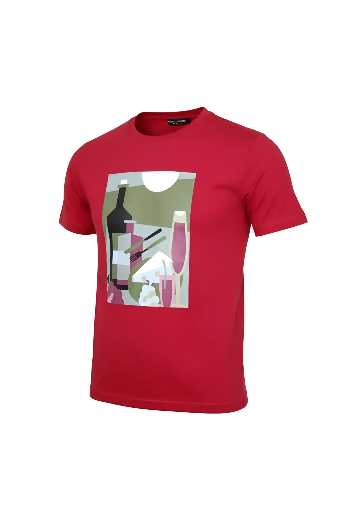 Red cotton abstract graphic t shirt with bold stylized wine bottles and glasses print in muted tones