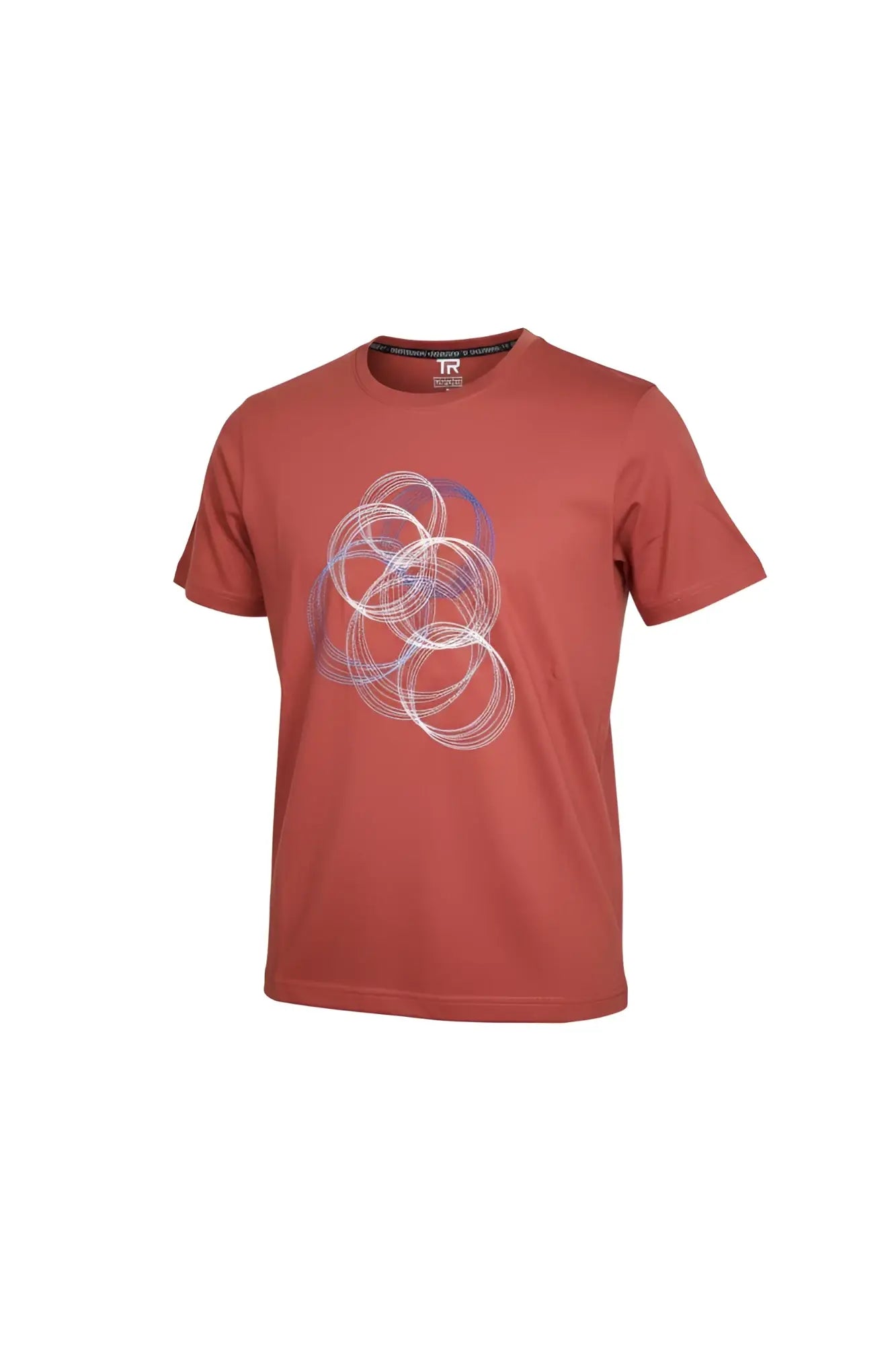 A rust-colored short-sleeved abstract graphic t-shirt featuring overlapping translucent white and light blue circles