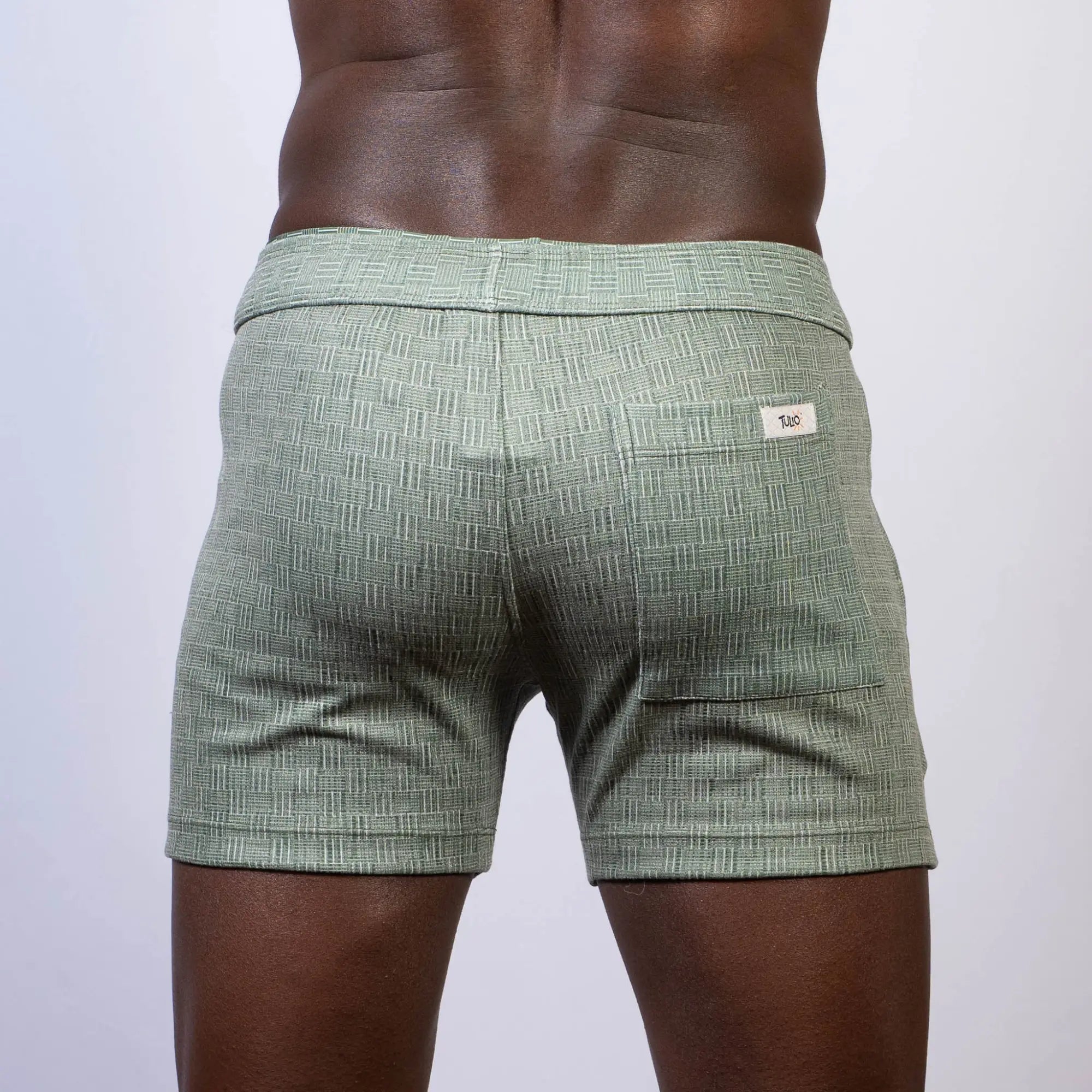 Mint green abstract linen texture shorts with subtle woven pattern and branded label on the back waistband