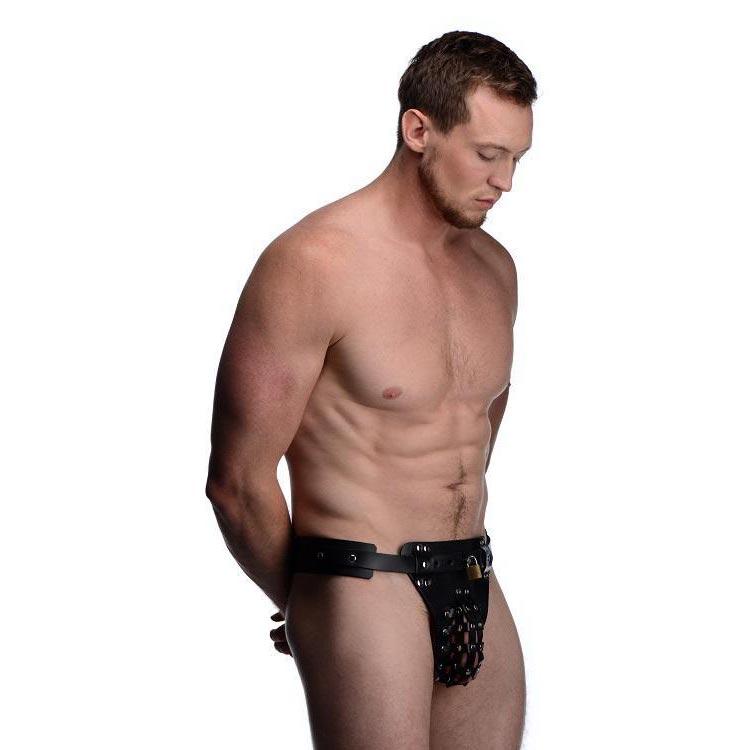 Leather Male Chastity Belt with Anal Plug Harness