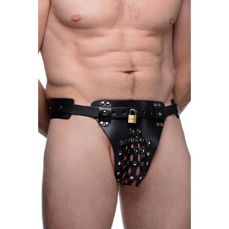 Leather Male Chastity Belt with Anal Plug Harness