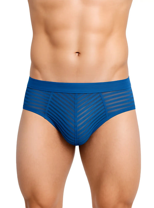 Blue men’s nylon briefs with mesh panel and diagonal stripe pattern from active stripe collection