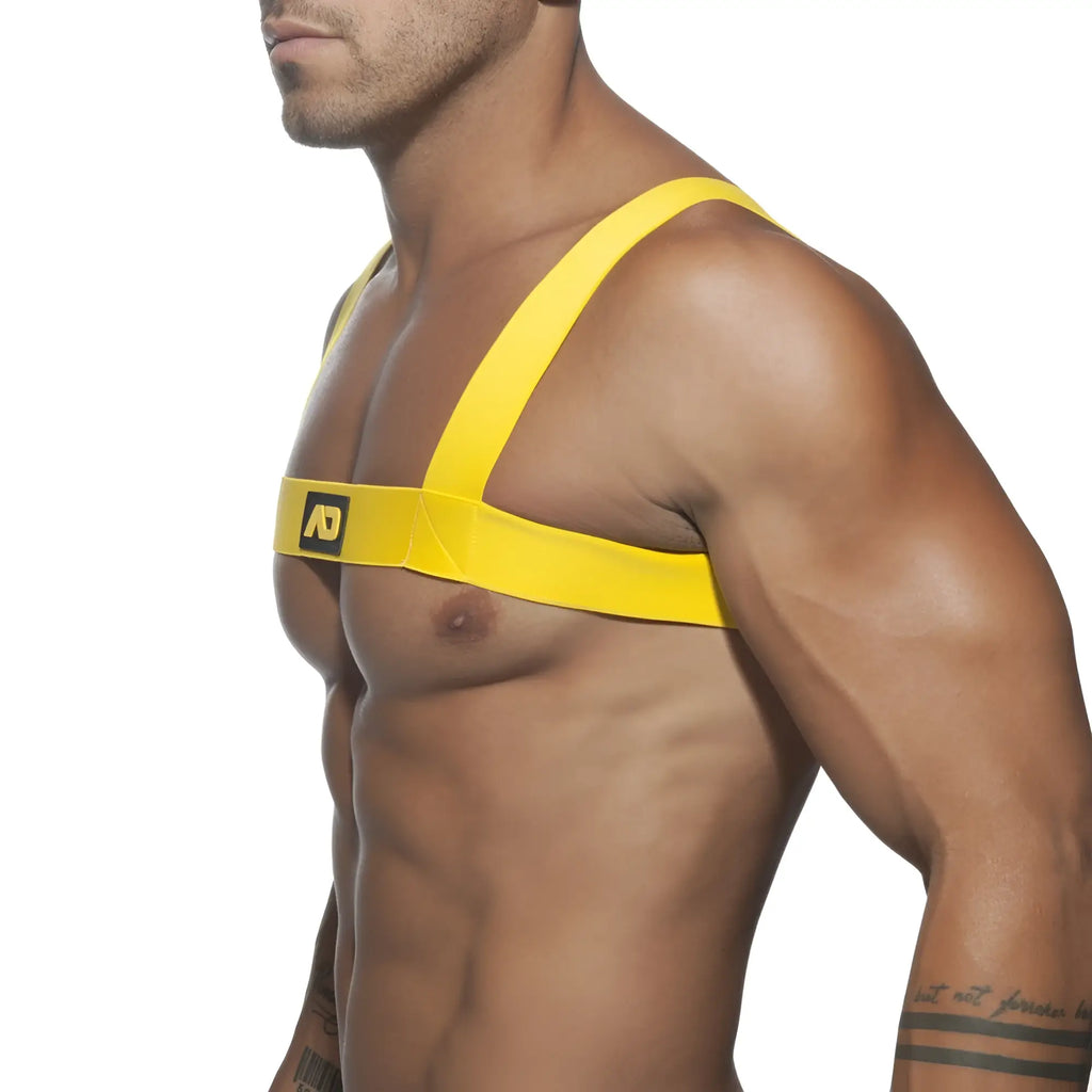 Bright yellow ad basic harness chest strap with wide elastic bands designed for secure fit and comfort