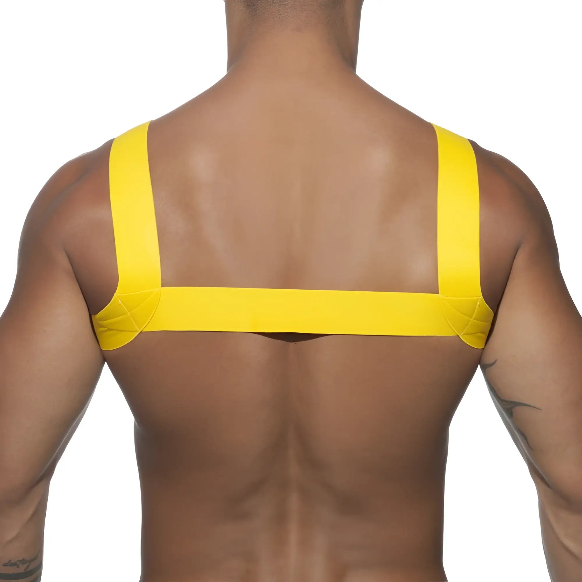 Bright yellow wide-strap back support band made of durable material in the back side of ad basic harness product