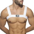 White ad basic harness chest strap with minimalist design and black logo for secure fit and comfort