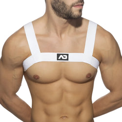 White ad basic harness chest strap with minimalist design and black logo for secure fit and comfort