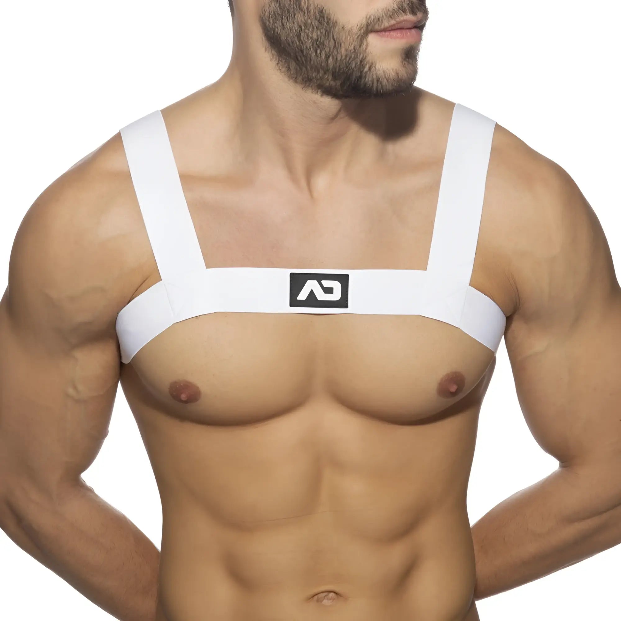 White ad basic harness chest strap with minimalist design and black logo for secure fit and comfort