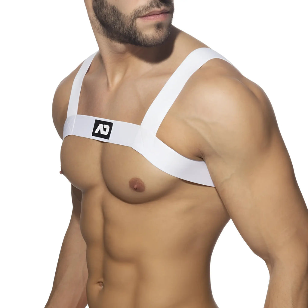 White ad basic harness chest strap with minimalist design and black logo for secure fit