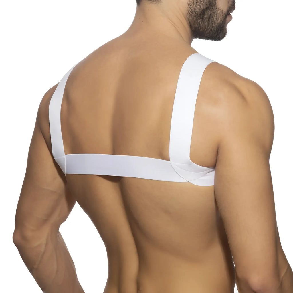 Back view of ad basic harness white elastic strap back support worn over shoulders and upper back for posture correction