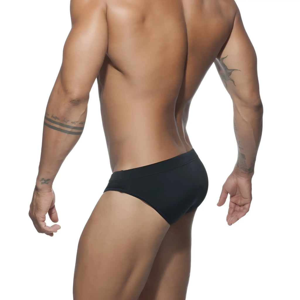Black ad basic swim brief made of durable fabric designed for comfortable swimming and water activities