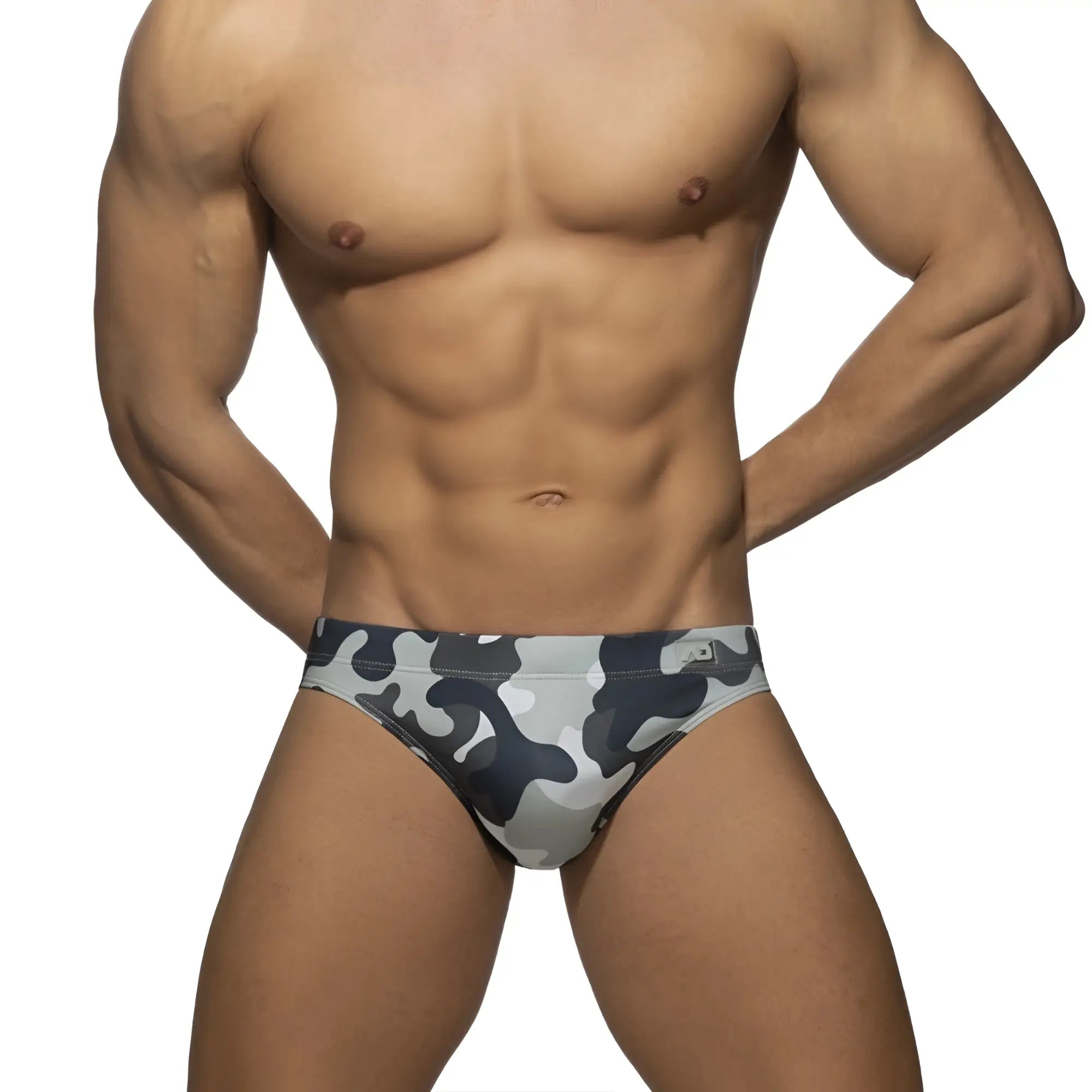 Gray and black camouflage patterned ad basic swim brief for men made of quick dry fabric for swimming and beachwear