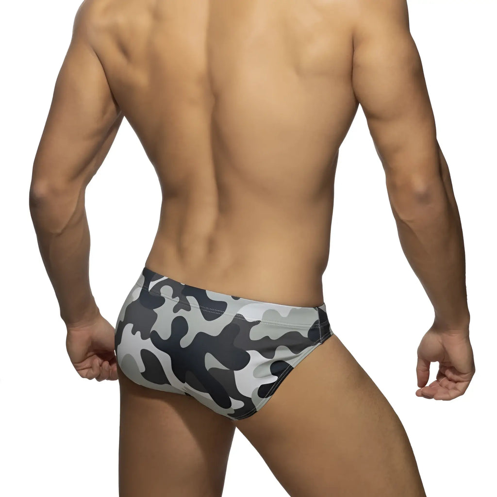 Ad basic swim brief gray and black camouflage pattern swim trunks designed for comfortable swimwear use