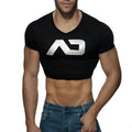 Black cropped v-neck t-shirt with metallic silver ad logo across the chest perfect for casual wear